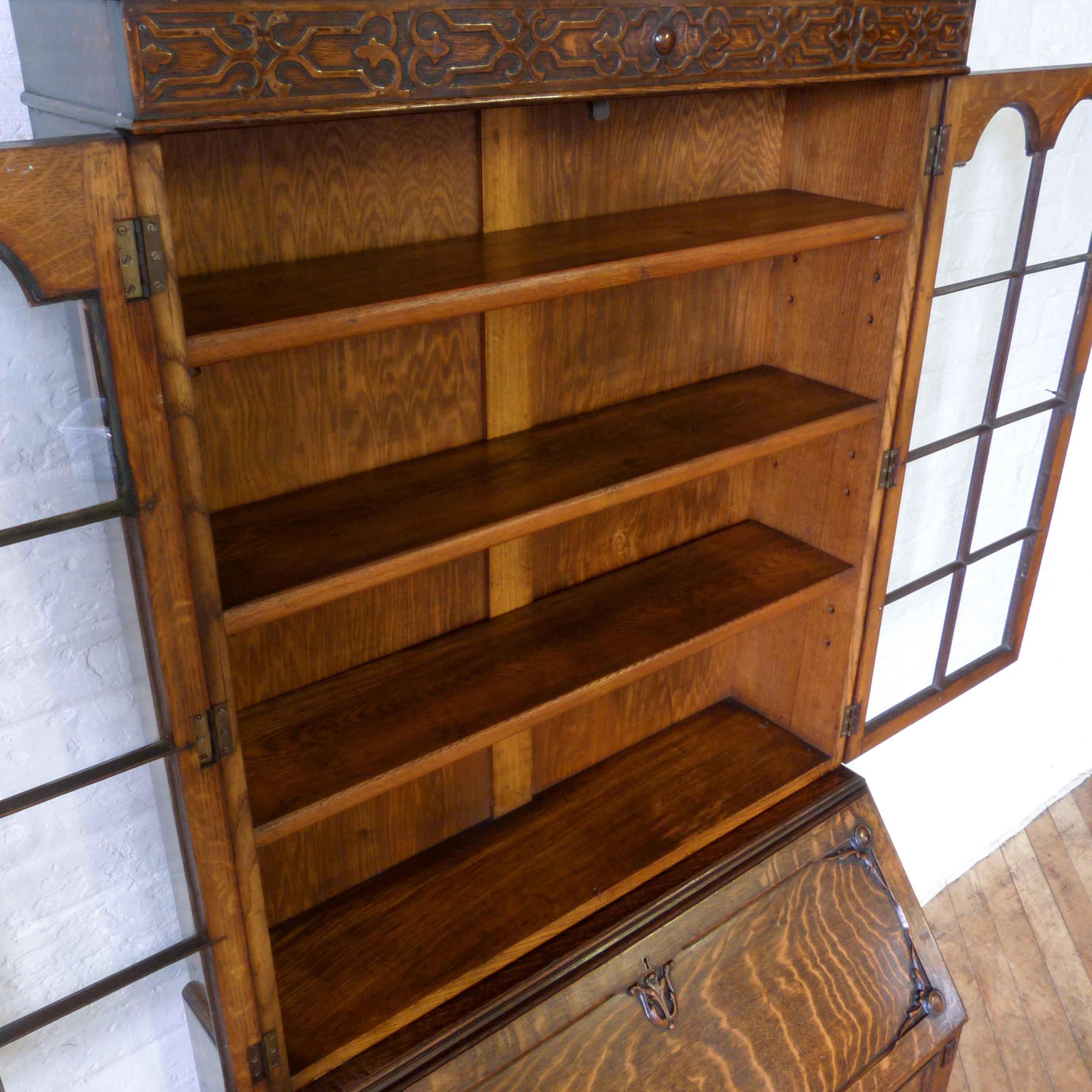 Inlay Jacobean Style Oak Bureau Bookcase