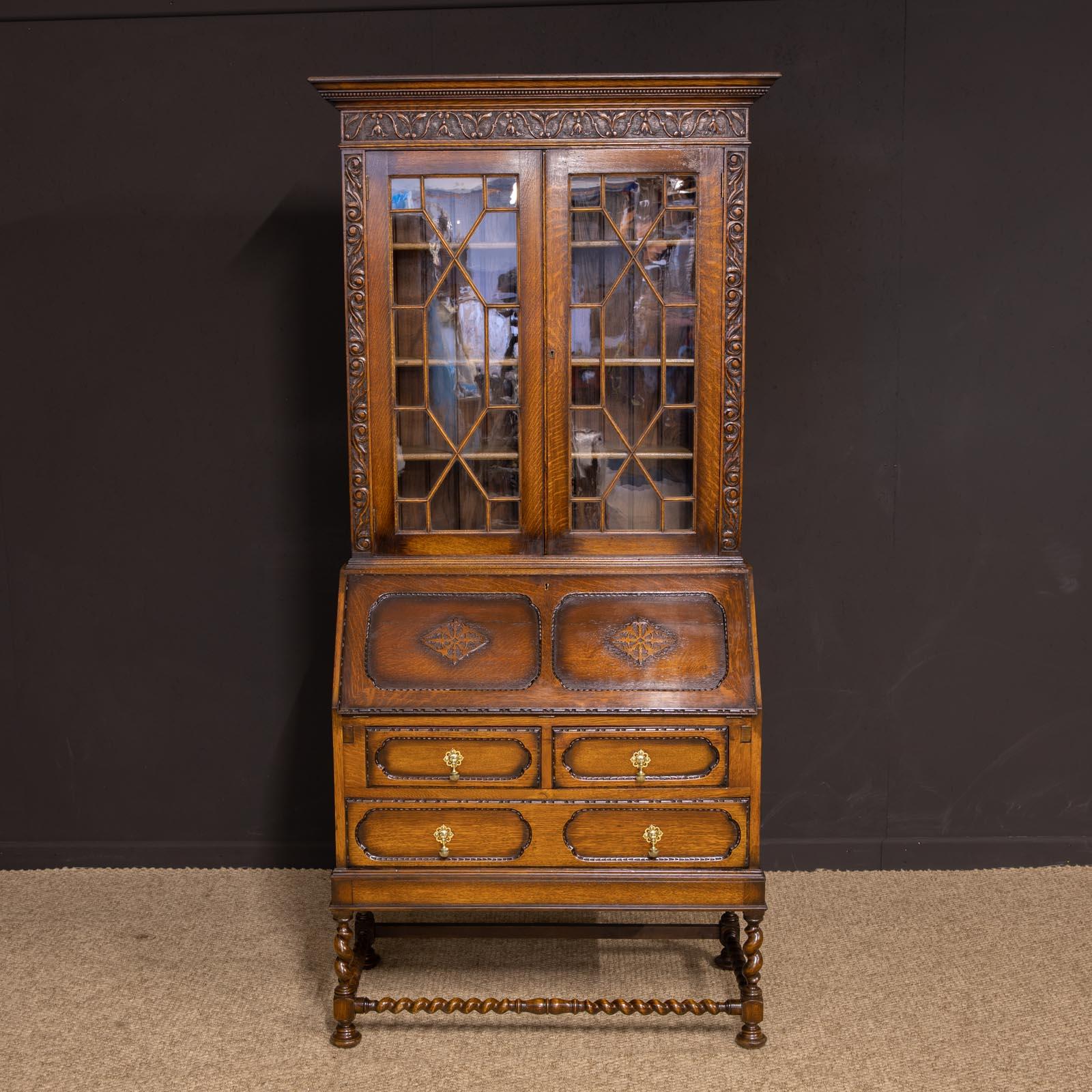 Glass Jacobean Style Oak Bureau Bookcase