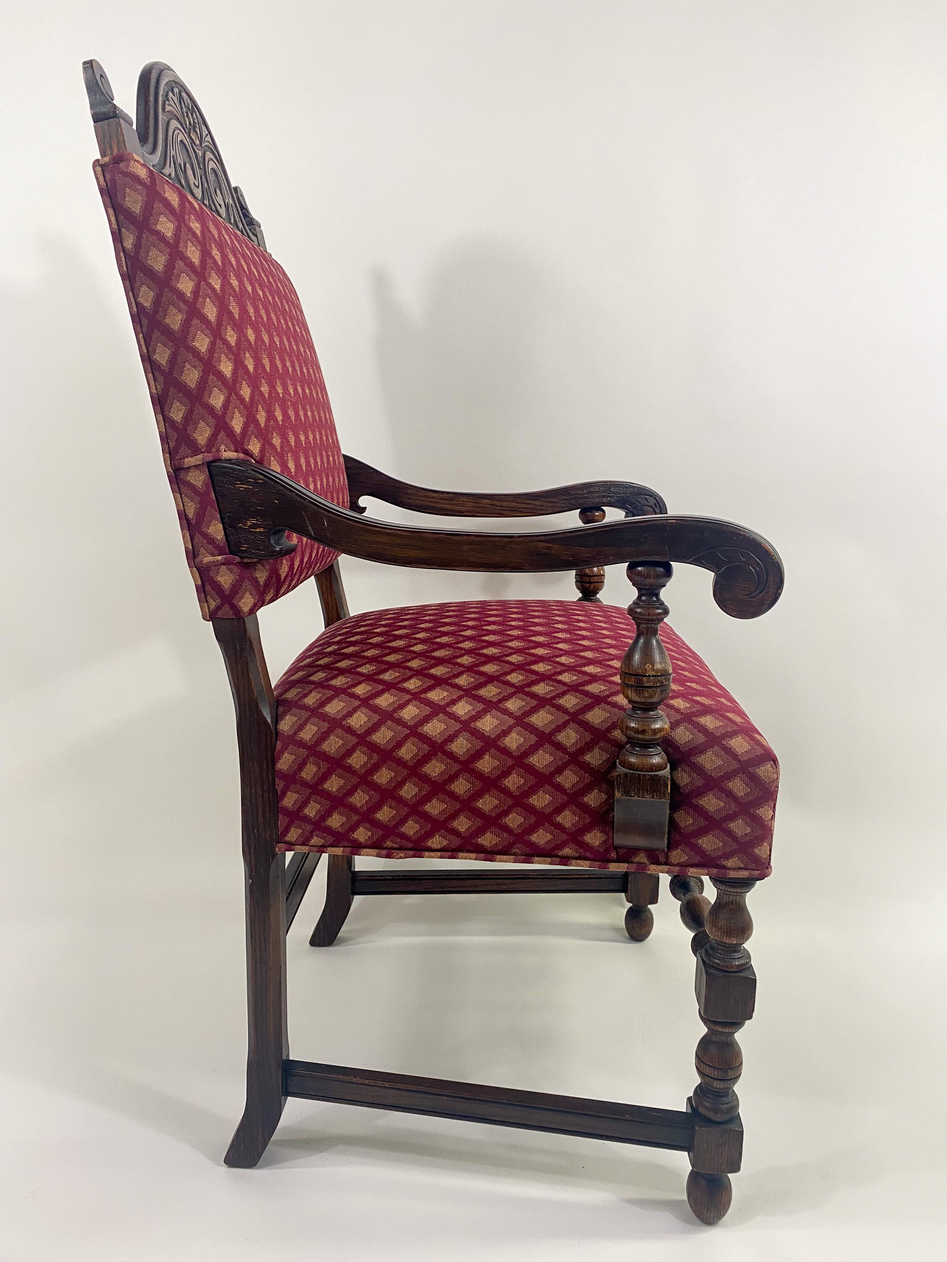 Jacobean Style Oak Carved Berger or Arm Chair with Red Upholstery, a Pair  For Sale 7
