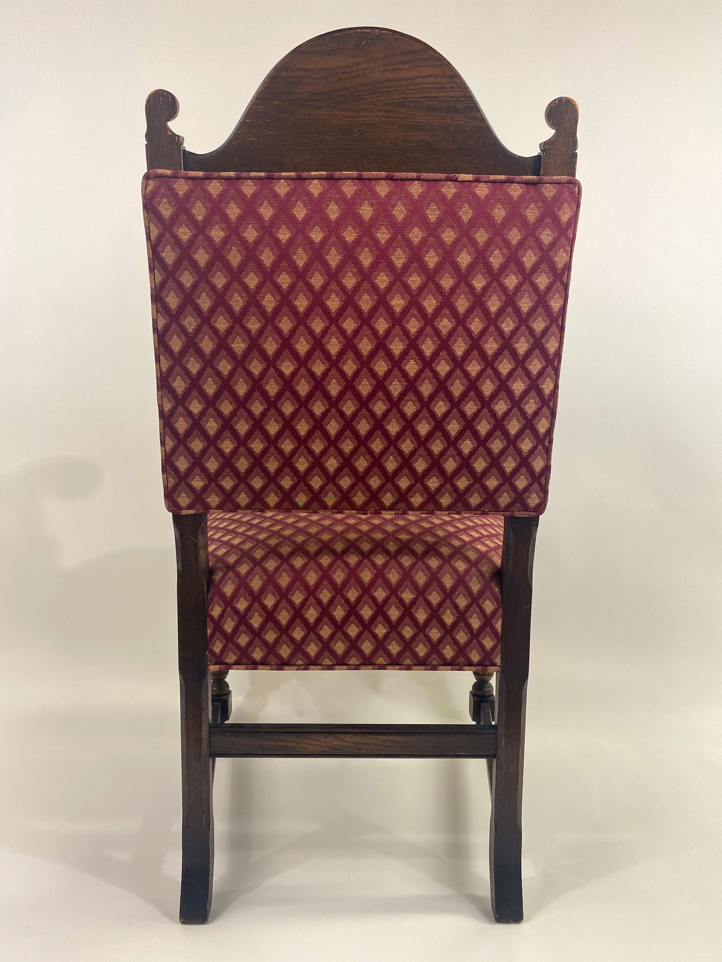 Jacobean Style Oak Carved Berger or Arm Chair with Red Upholstery, a Pair  For Sale 8