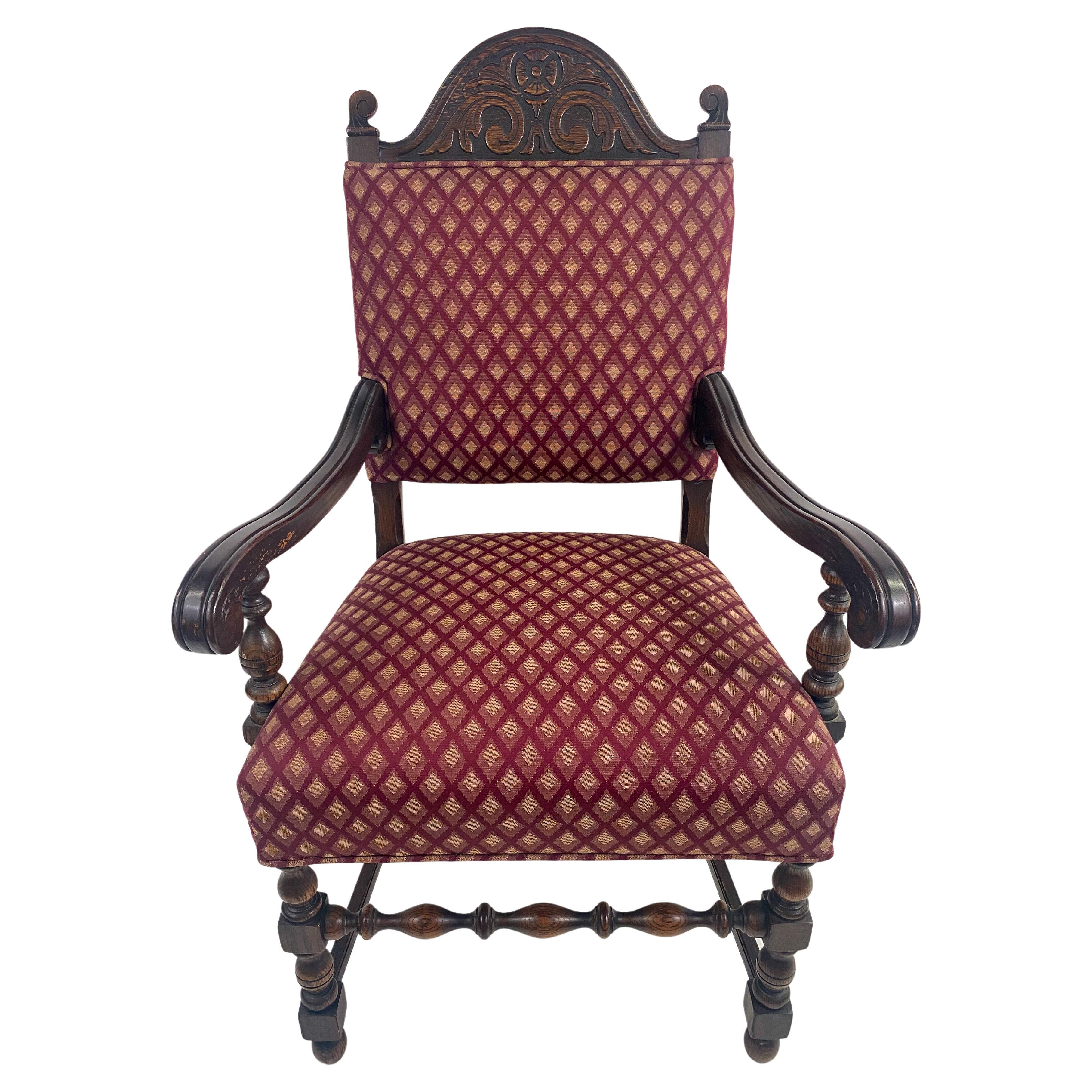 Hand-Carved Jacobean Style Oak Carved Berger or Arm Chair with Red Upholstery, a Pair  For Sale