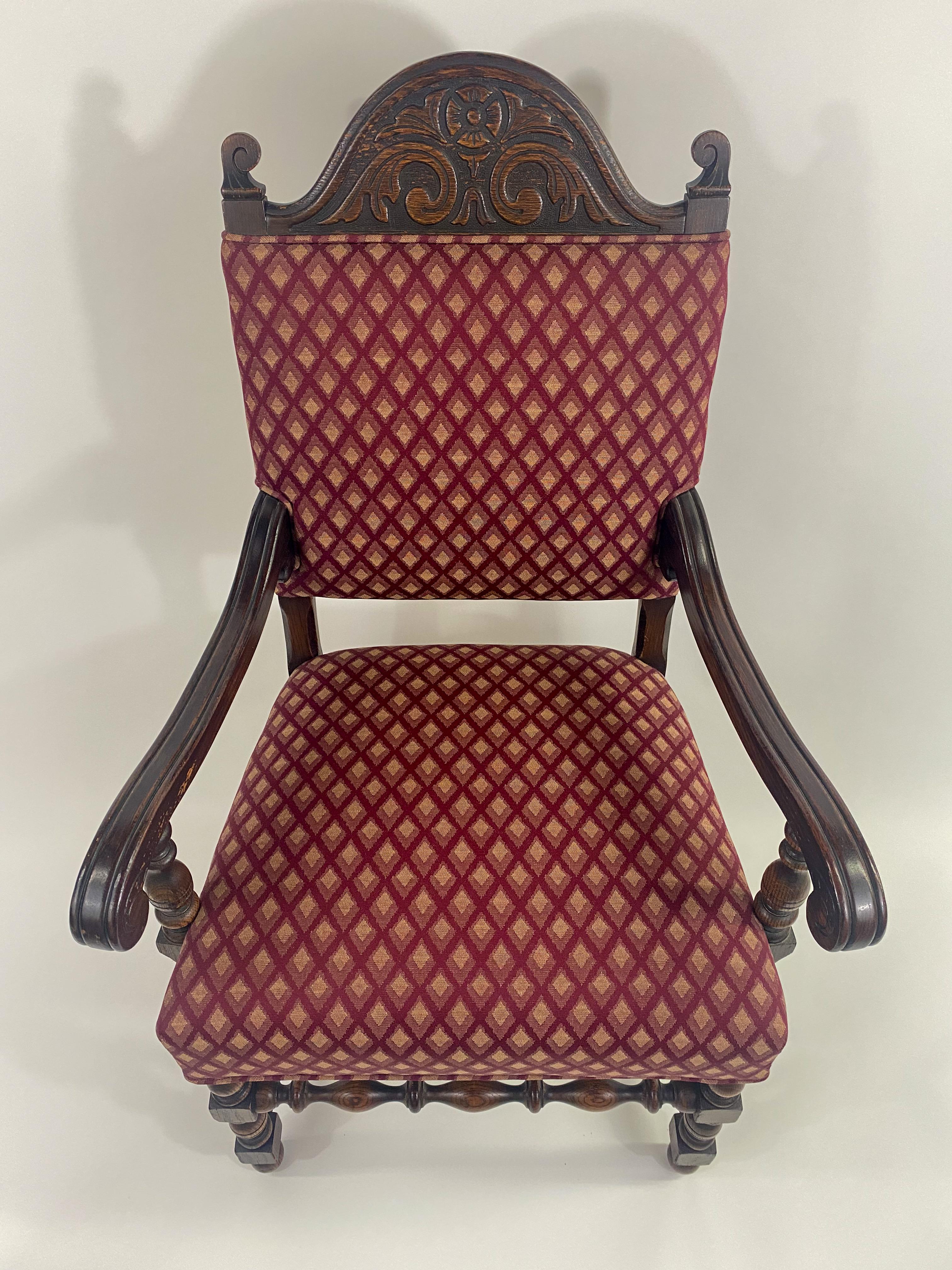 Jacobean Style Oak Carved Berger or Arm Chair with Red Upholstery, a Pair  In Good Condition For Sale In Plainview, NY