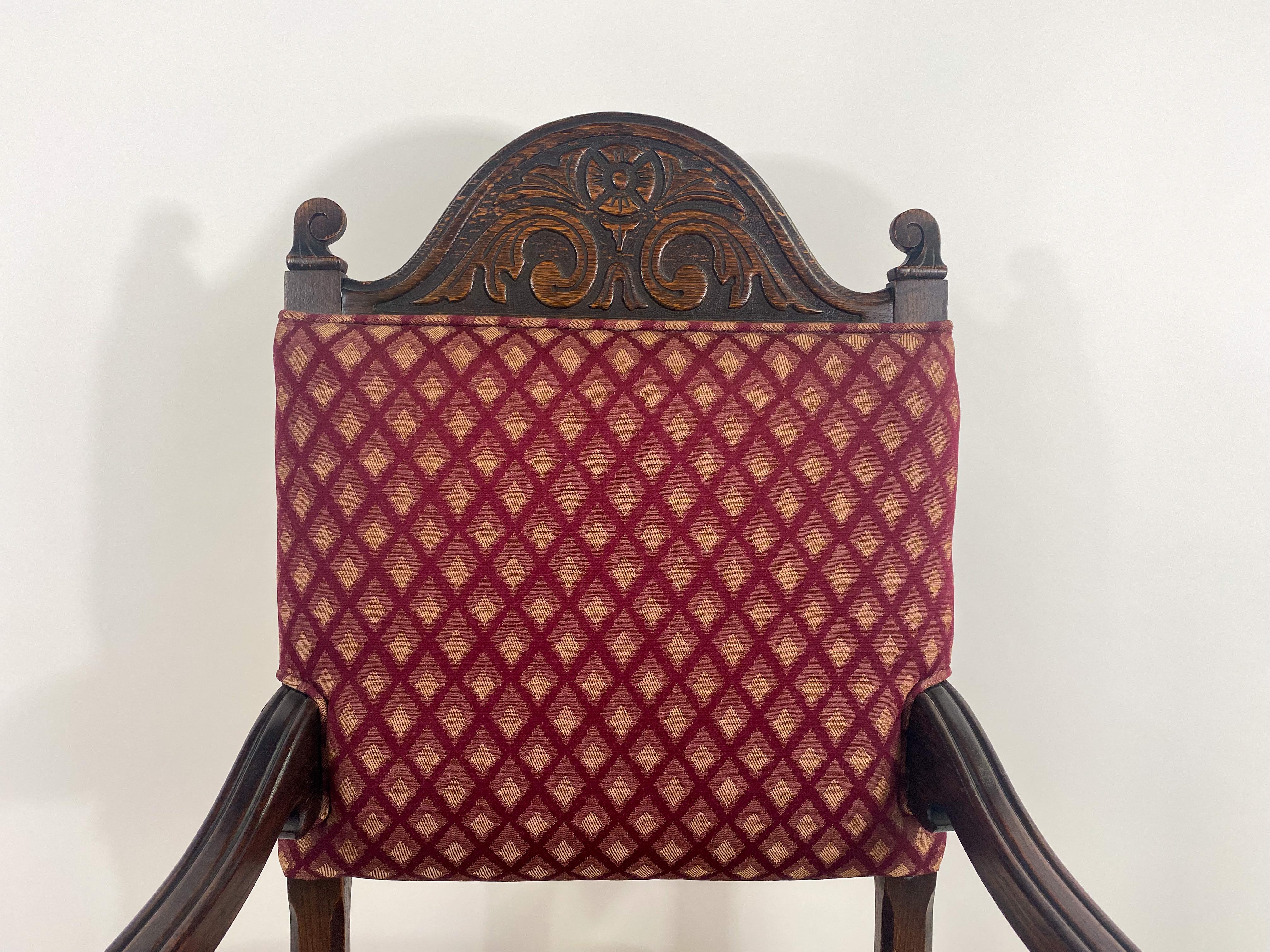 Jacobean Style Oak Carved Berger or Arm Chair with Red Upholstery, a Pair  For Sale 1