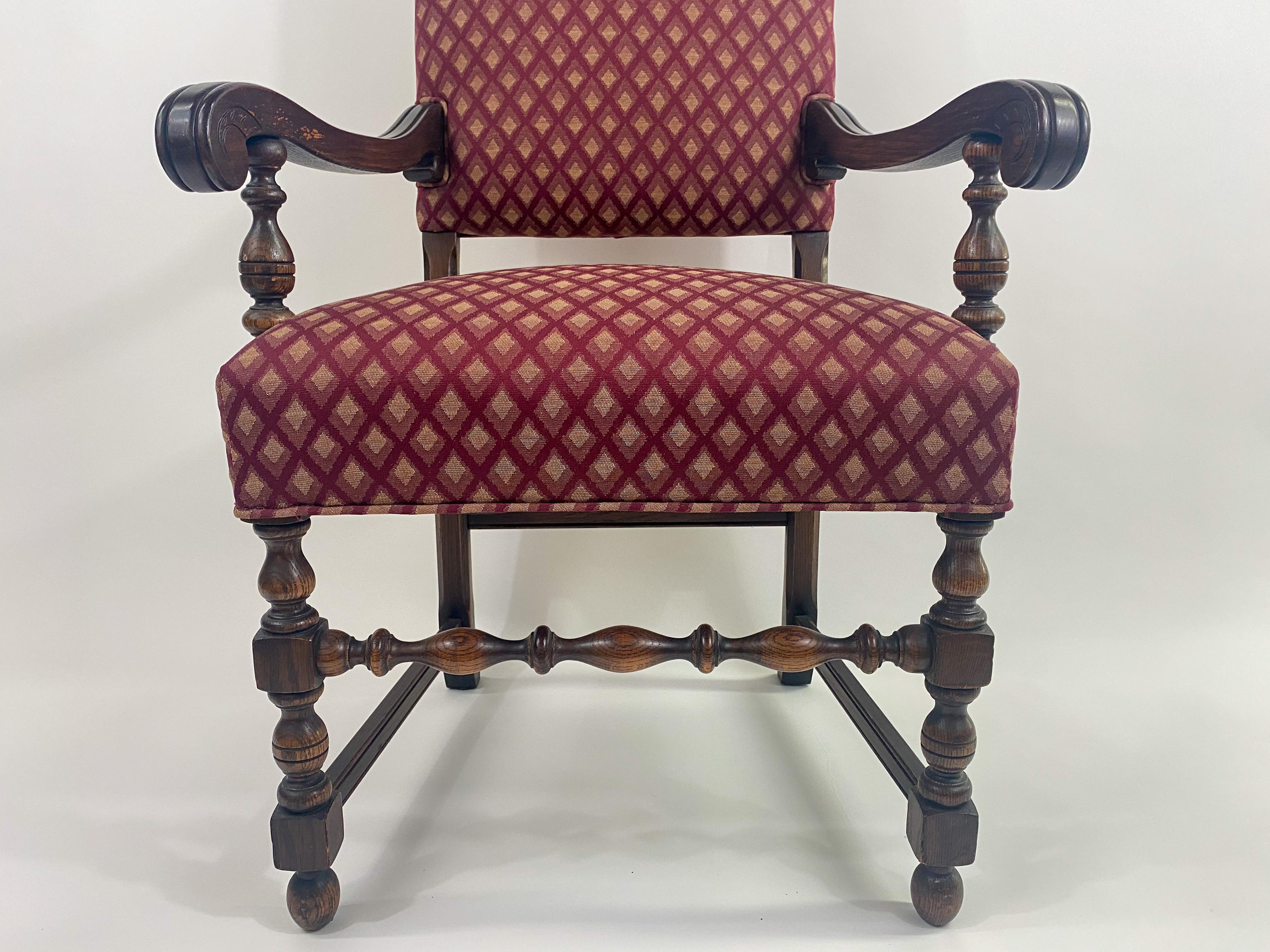 Jacobean Style Oak Carved Berger or Arm Chair with Red Upholstery, a Pair  For Sale 4