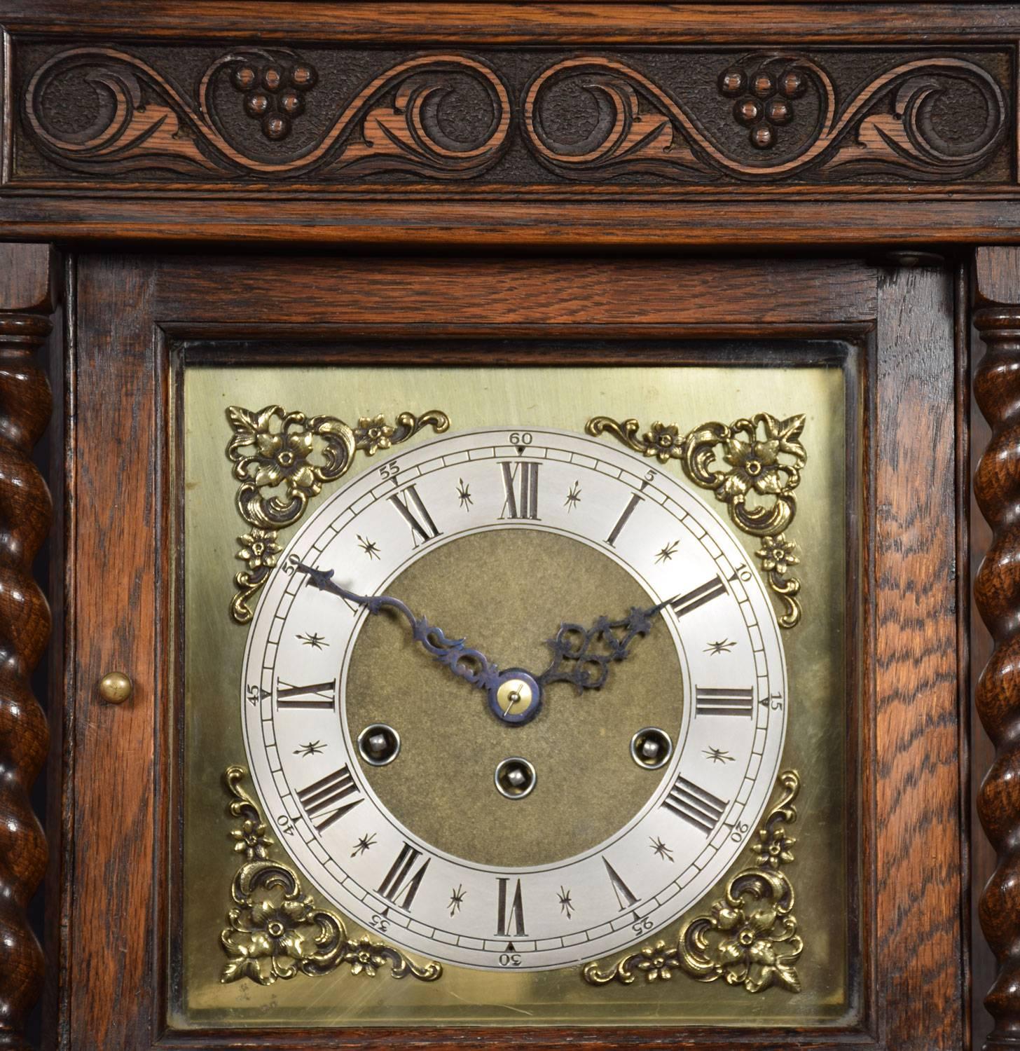 20th Century Jacobean Style Oak Cased Grandmother Clock