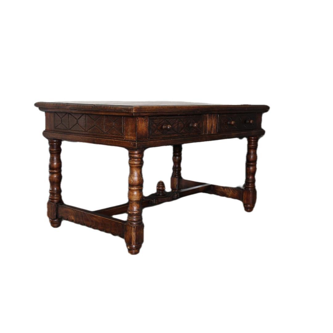 Wood Jacobean Style Oak Desk w/ Two Drawers For Sale