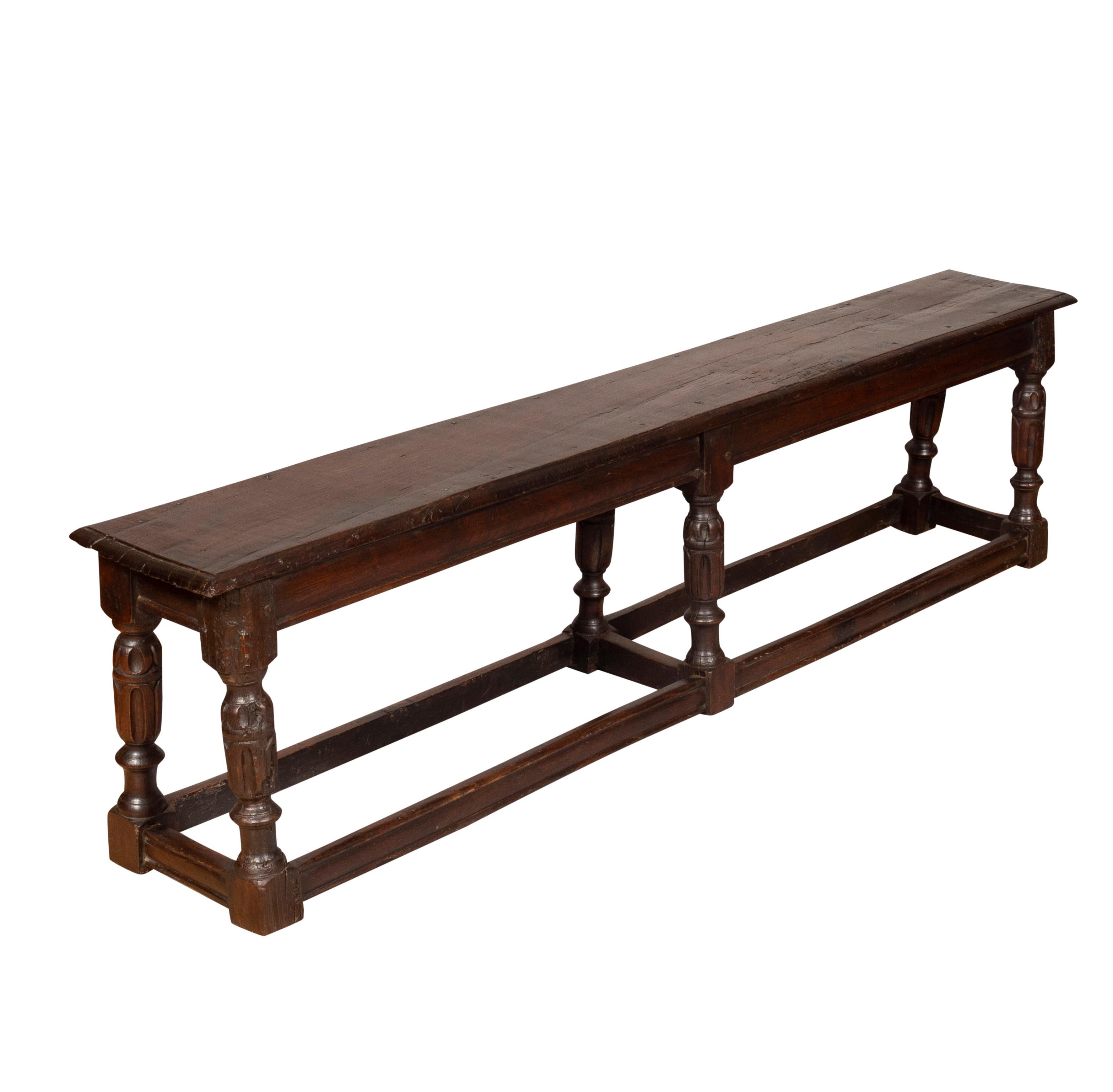 Jacobean Style Oak Long Bench In Good Condition In Essex, MA