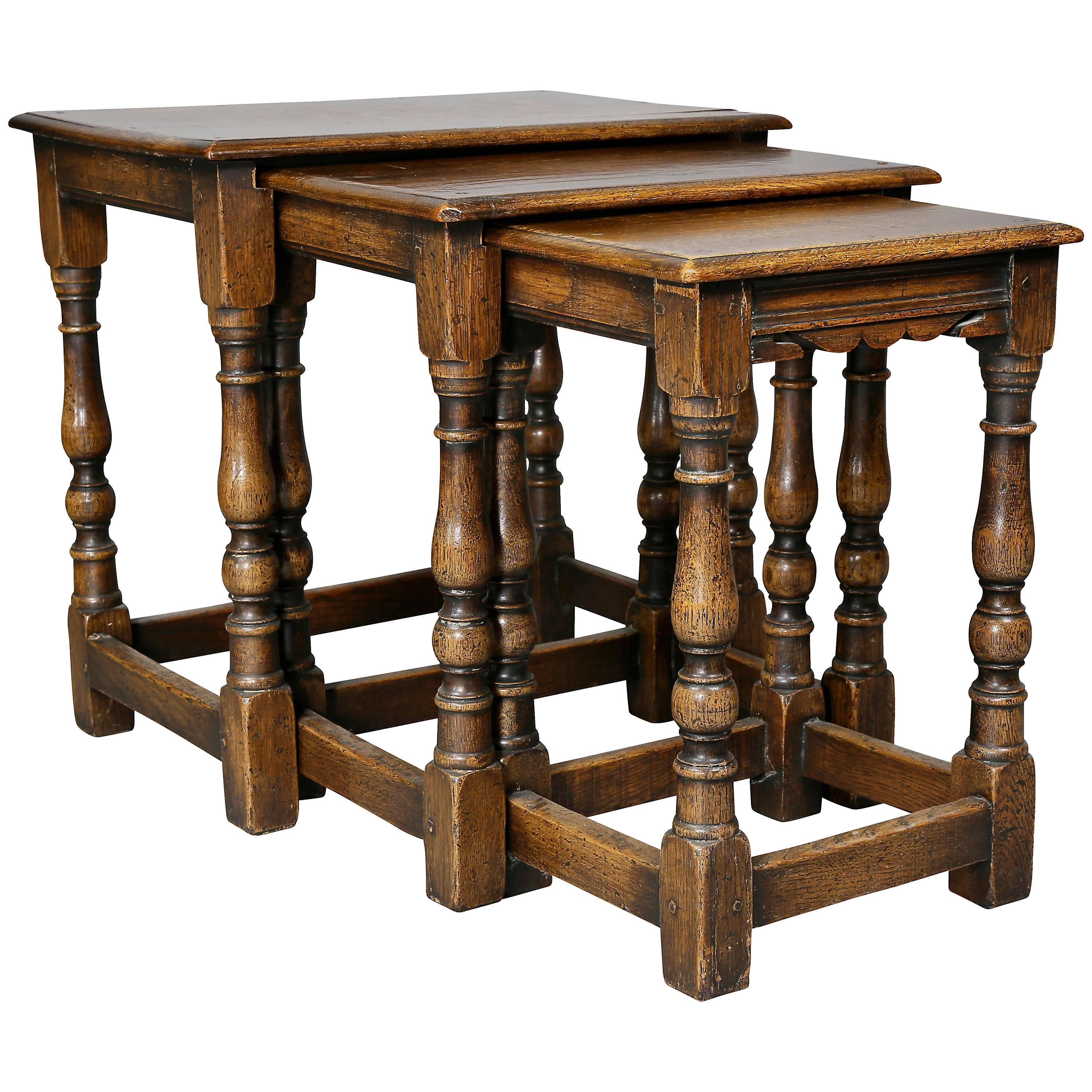 Jacobean Style Oak Nest of Three Tables