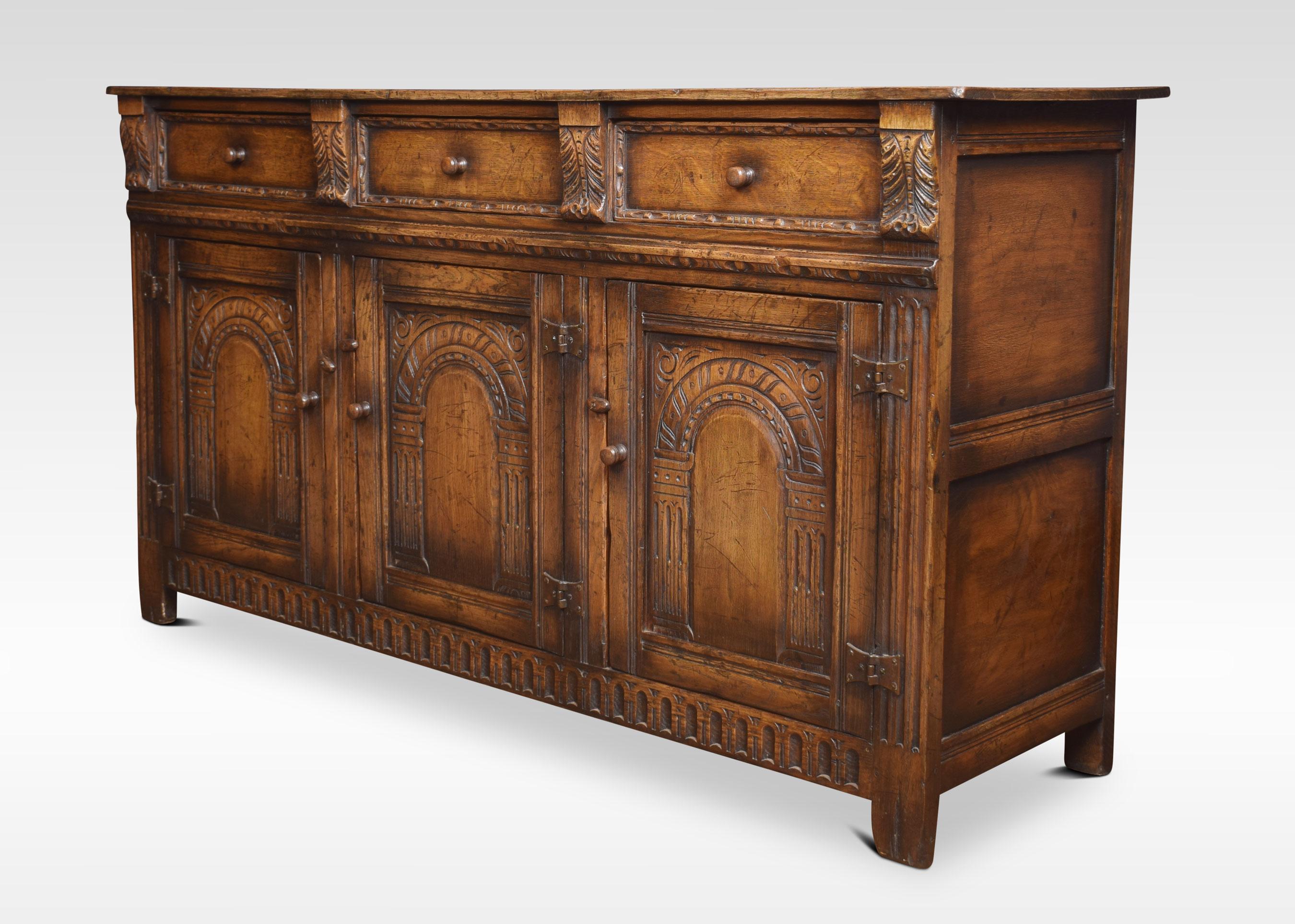 Jacobean Style Oak Three-Drawer Dresser Base 1