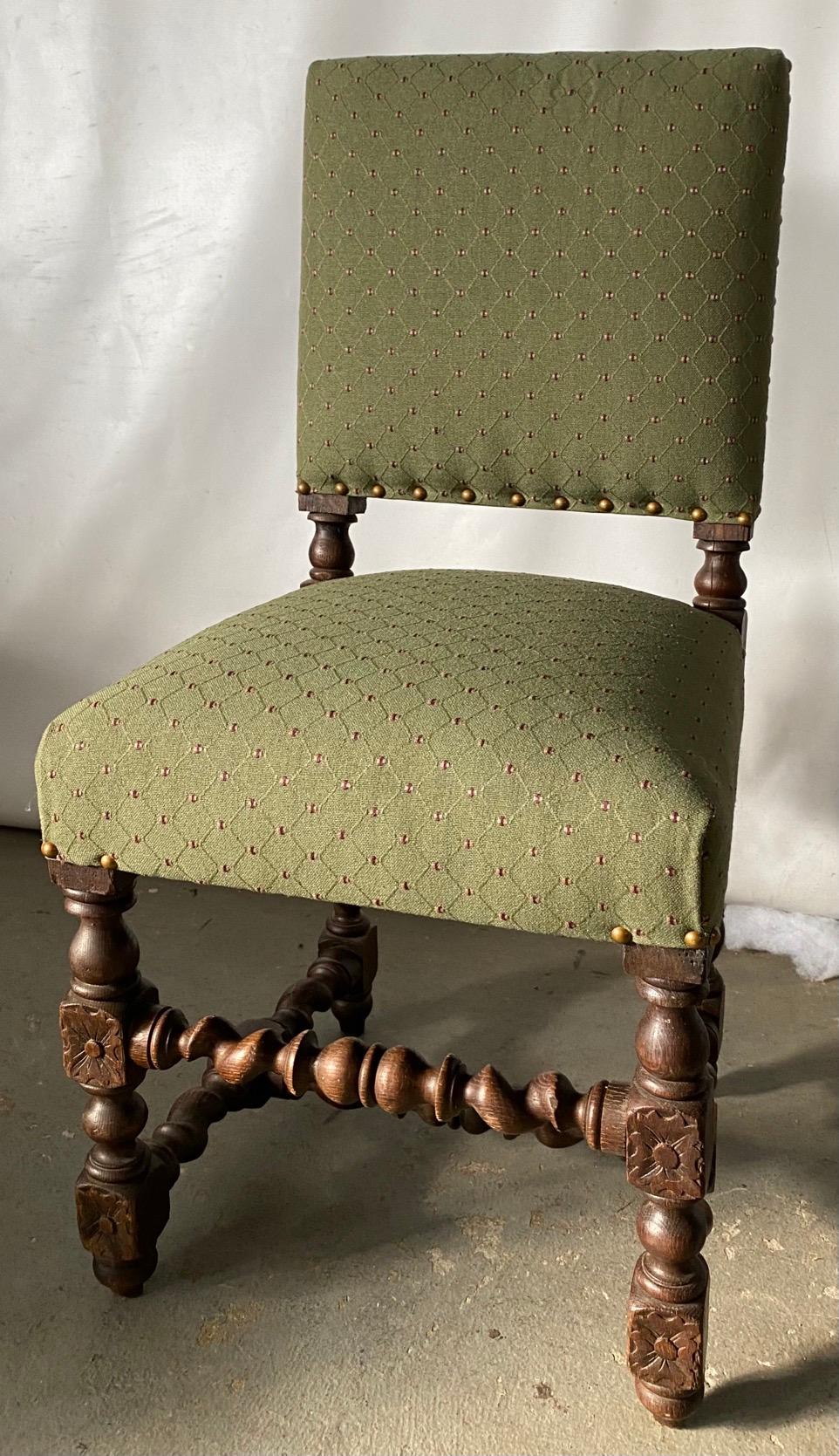 Jacobean style side chair having a rectangular padded back and seat, raised on turned legs joined by stretchers. Great chair for a games table, accent chair, desk chair, boudoir or dressing room chair. Jacobean, Gothic, Gothic revival.