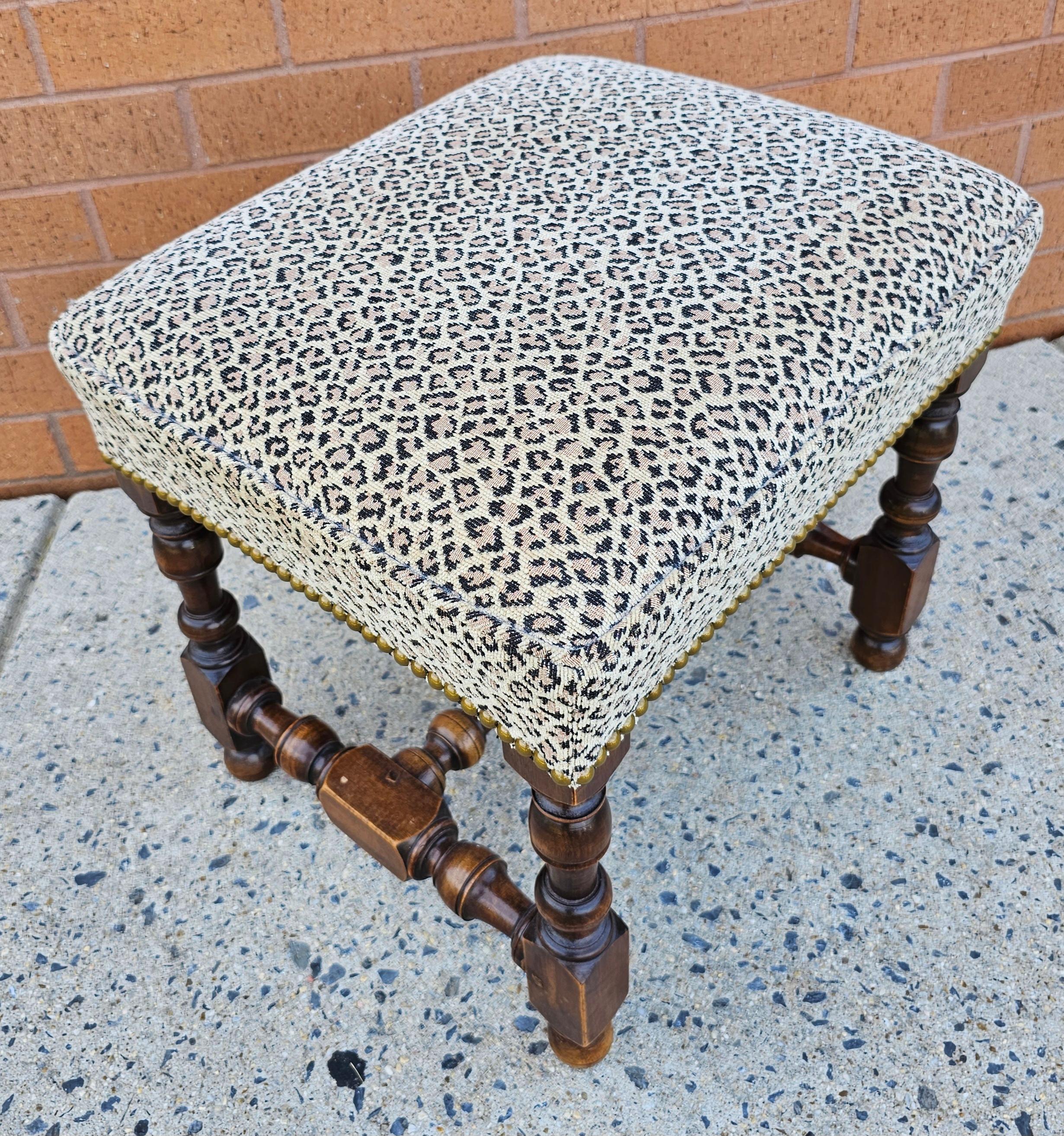 American Jacobean Style Turned Walnut And Leopard Theme Upholstered Footstool