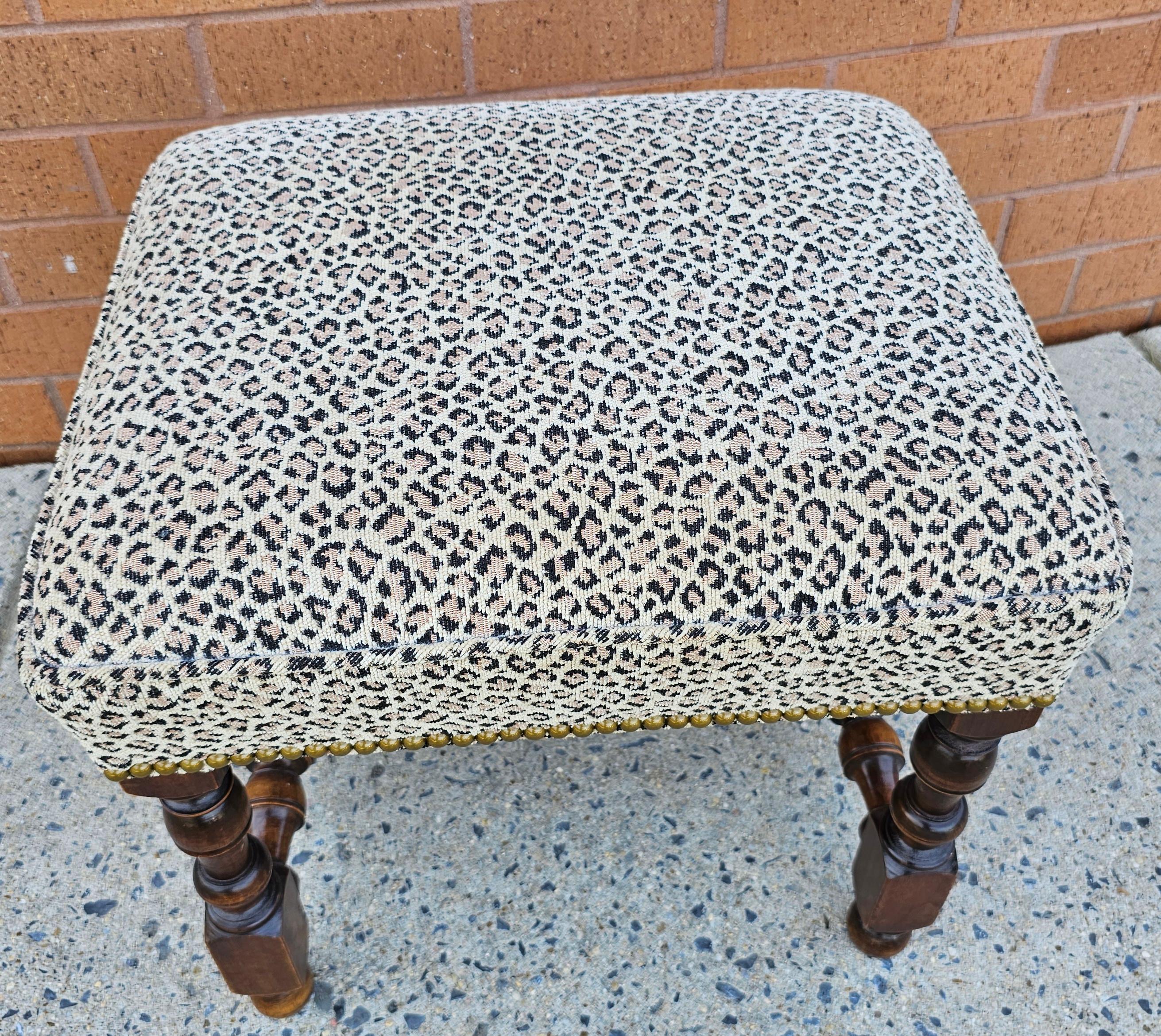 Stained Jacobean Style Turned Walnut And Leopard Theme Upholstered Footstool
