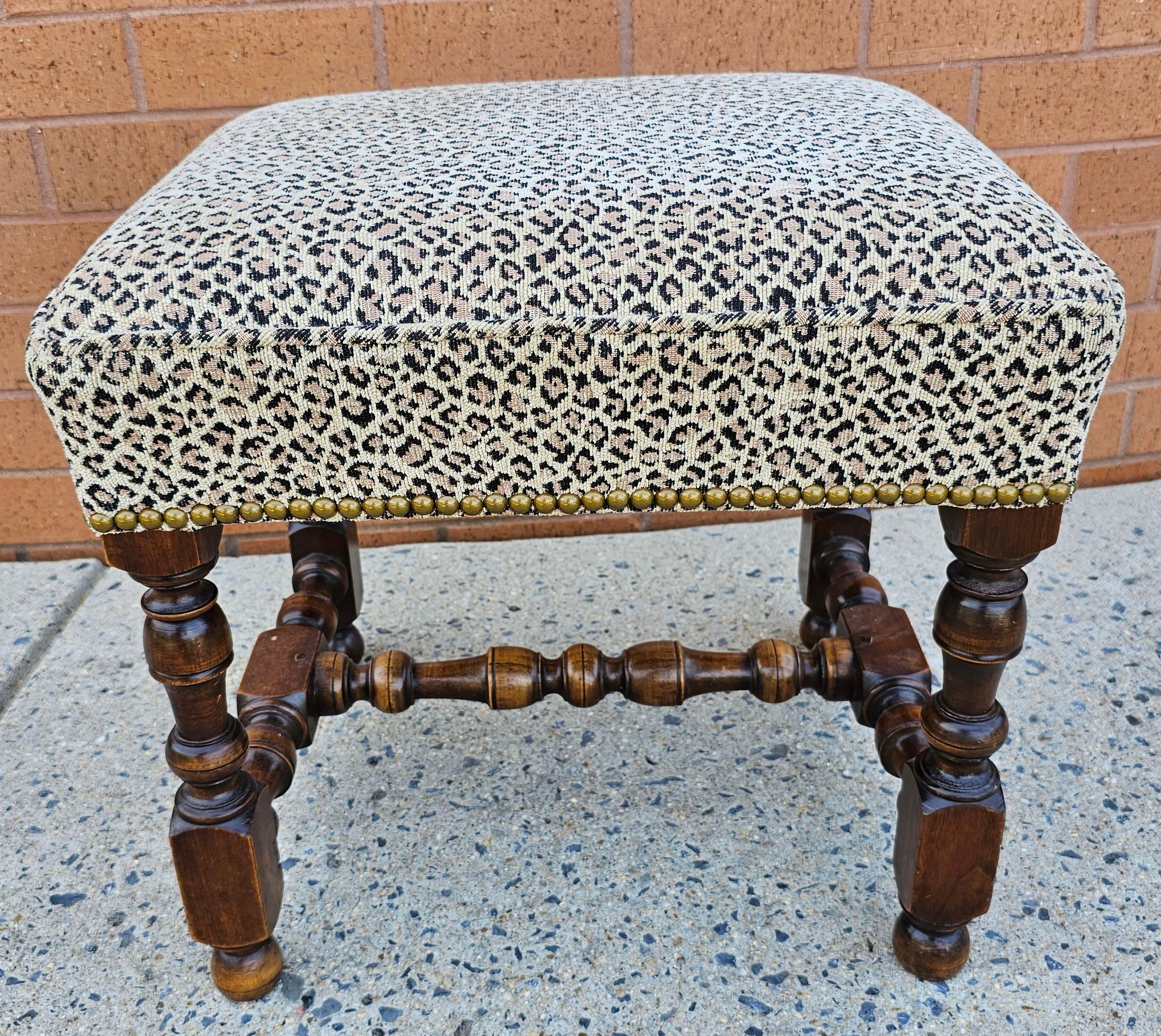 Jacobean Style Turned Walnut And Leopard Theme Upholstered Footstool In Good Condition In Germantown, MD
