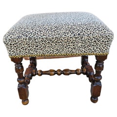 Jacobean Style Turned Walnut And Leopard Theme Upholstered Footstool