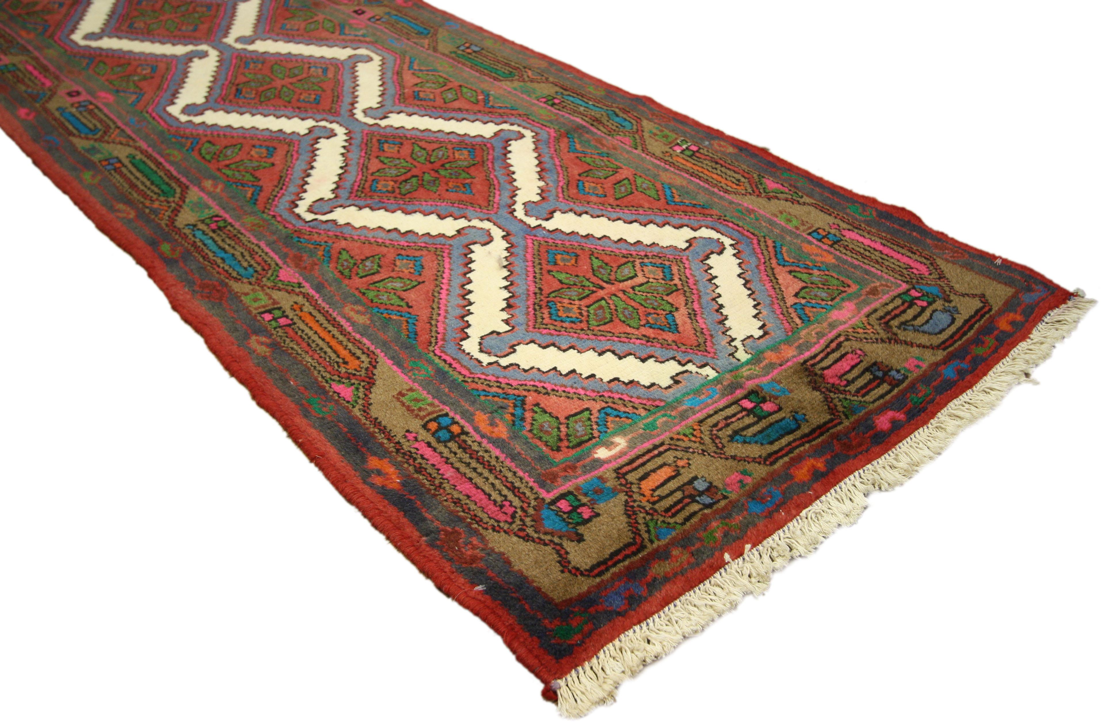 60223 Jacobean Style Vintage Persian Hamadan Runner, Hallway Runner Vintage hand-knotted wool Persian Hamadan runner featuring stacked medallions surrounded by geometric motifs and framed with a colorful tribal border. Rendered in traditional colors