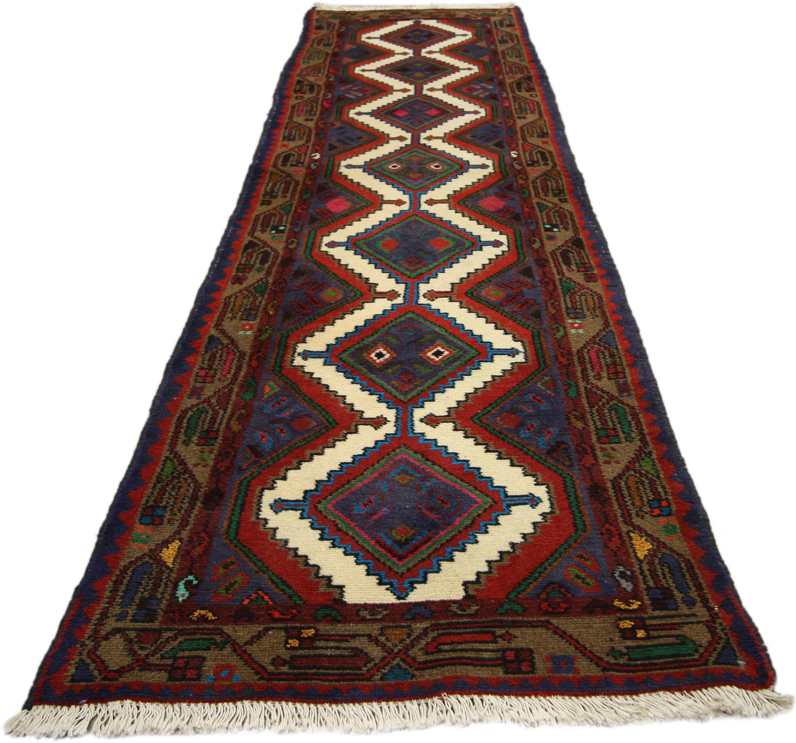 Hand-Knotted Vintage Persian Hamadan Runner, Hallway Runner with Art Deco Style For Sale