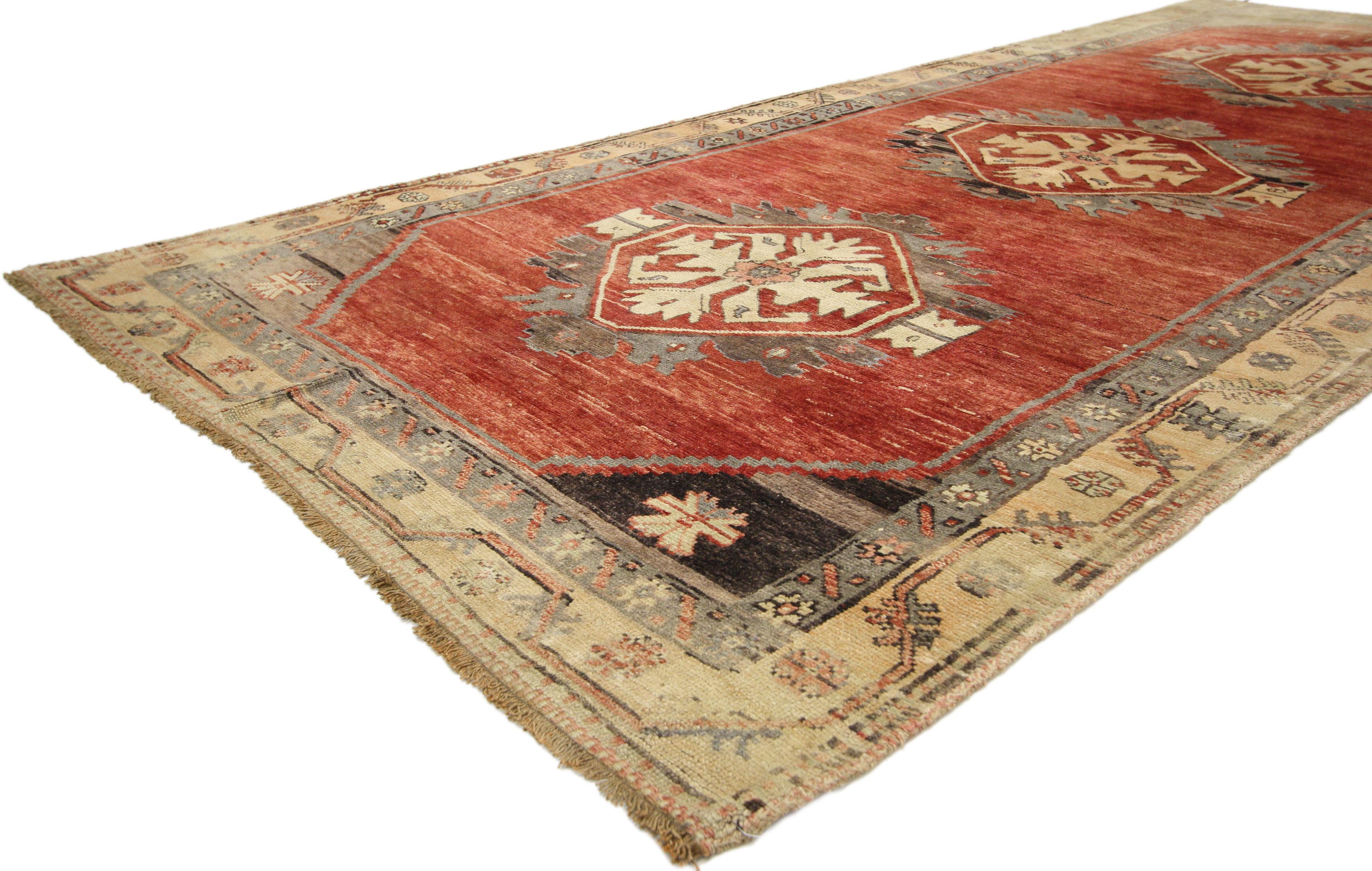 Hand-Knotted Jacobean Style Vintage Turkish Oushak Gallery Rug, Wide Hallway Runner For Sale