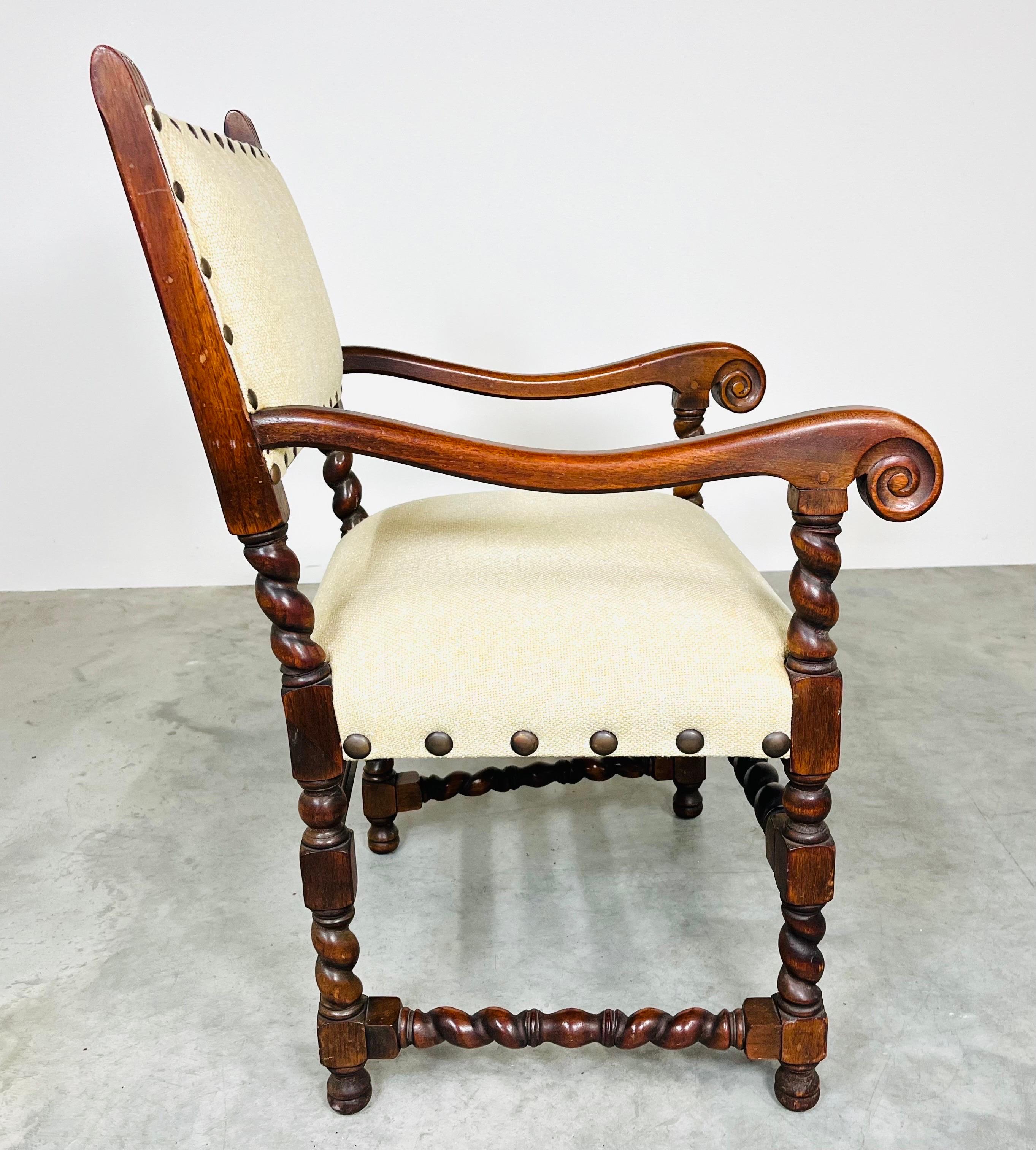 Hand-Carved Jacobean Walnut Barley Twist Arm Chair by Kittinger 19th Century For Sale