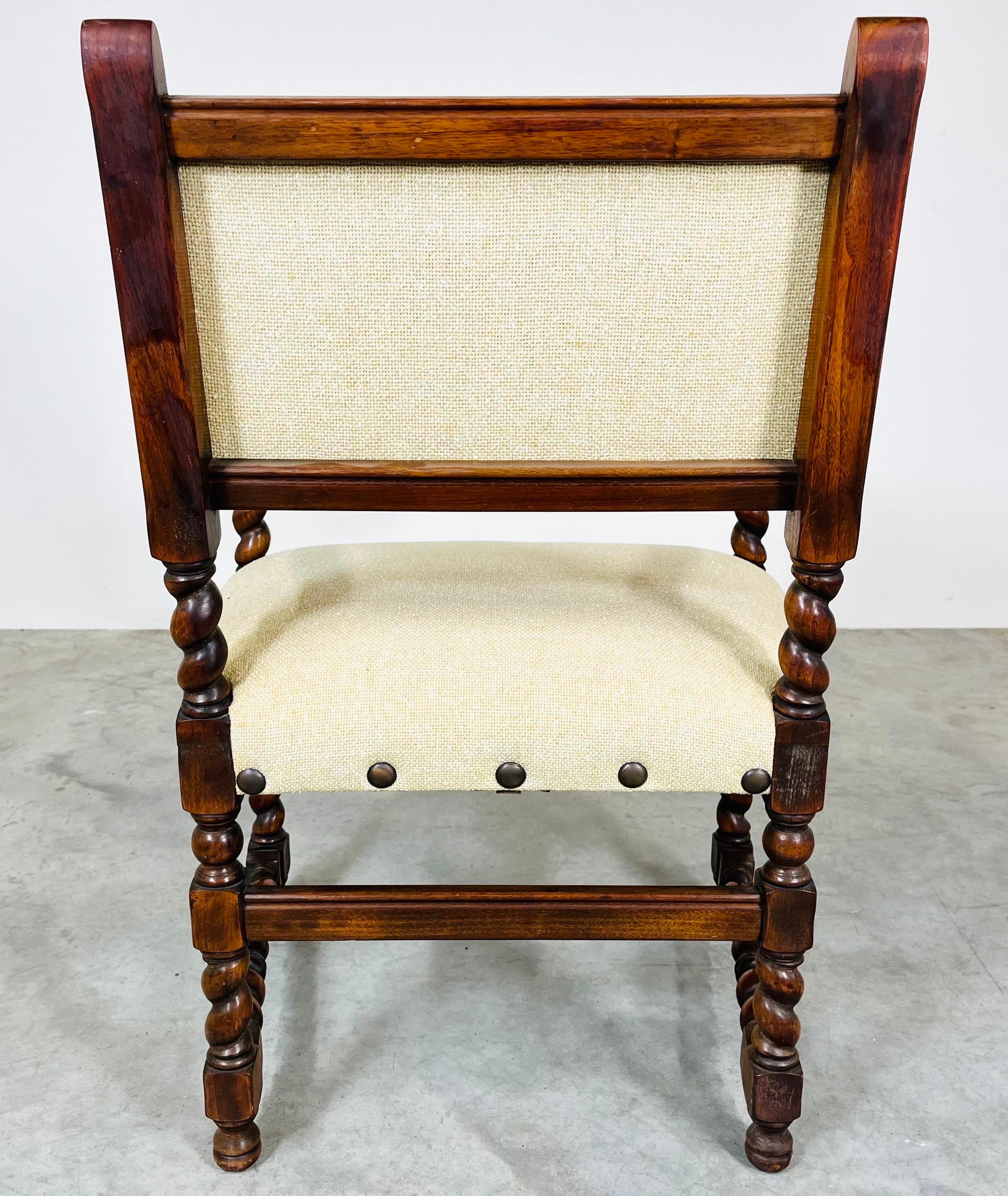 Brass Jacobean Walnut Barley Twist Arm Chair by Kittinger 19th Century For Sale
