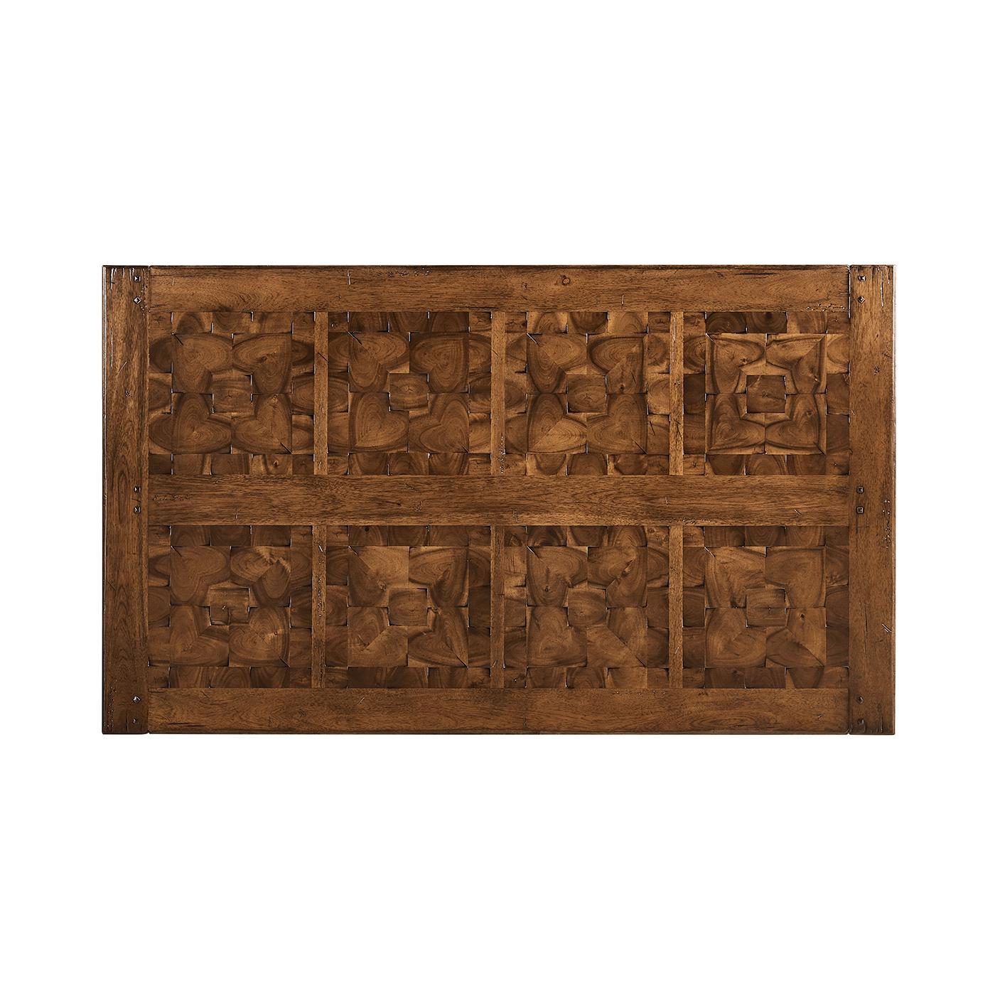 Crafted from rich acacia wood and finished in an elegant country walnut stain, this exquisite piece exudes sophistication. The inlaid parquet oyster veneer top adds a refined touch, showcasing intricate craftsmanship that speaks to its historical