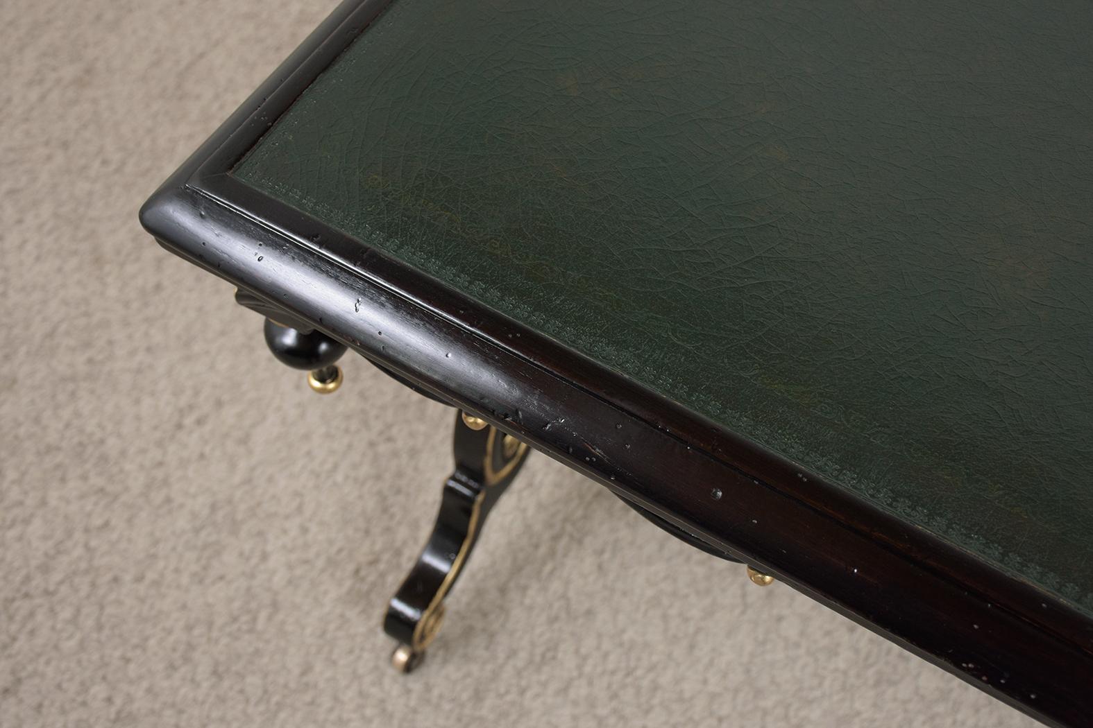 1970s Jacobean Mahogany Writing Table with Engraved Leather Top & Gilt Accents For Sale 6