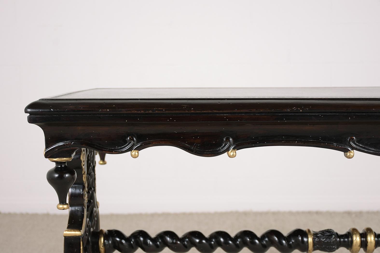1970s Jacobean Mahogany Writing Table with Engraved Leather Top & Gilt Accents For Sale 8