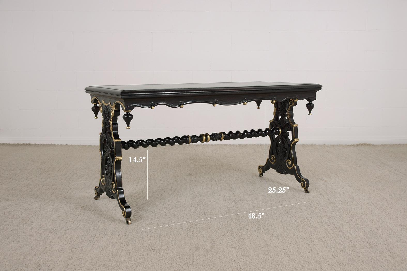 Carved 1970s Jacobean Mahogany Writing Table with Engraved Leather Top & Gilt Accents For Sale