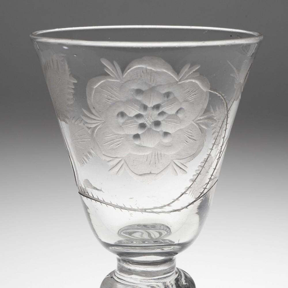 English Jacobite Engraved Composite Stem Wine Glass Engraver, circa 1750