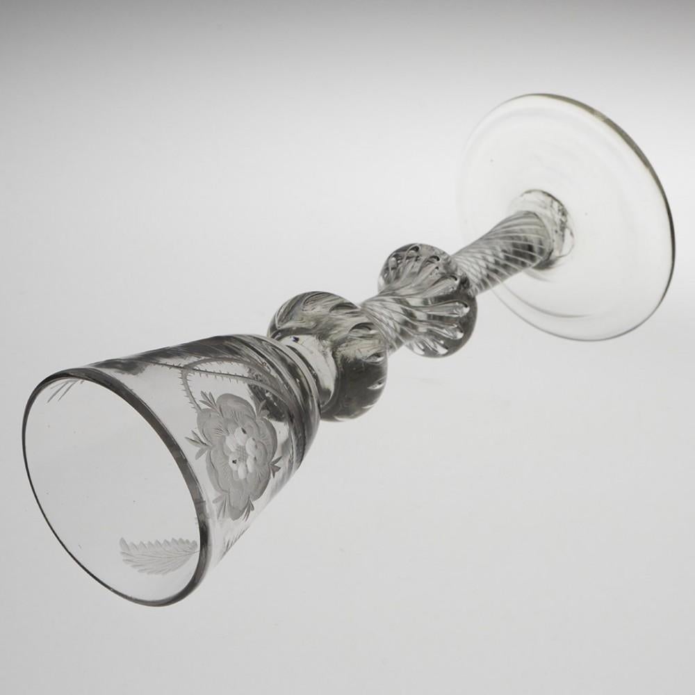 18th Century Jacobite Engraved Double Knop Air Twist Wine Glass c1750 Engraver A