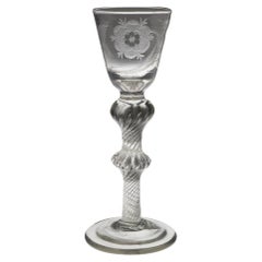 Antique Jacobite Engraved Double Knop Air Twist Wine Glass c1750 Engraver A