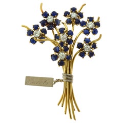 Jacobo 18K Yellow Gold Floral Bouquet Brooch w Diamonds and Cabochon Sapphires