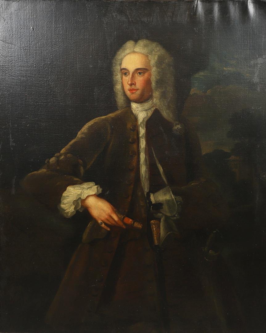 Énorme portrait anglais des années 1700 d'un gentilhomme aristocratique à perruque dans un paysage majestueux