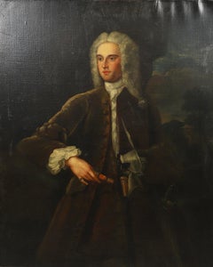 Enorme retrato inglés de 1700 Caballero aristocrático con peluca en paisaje señorial