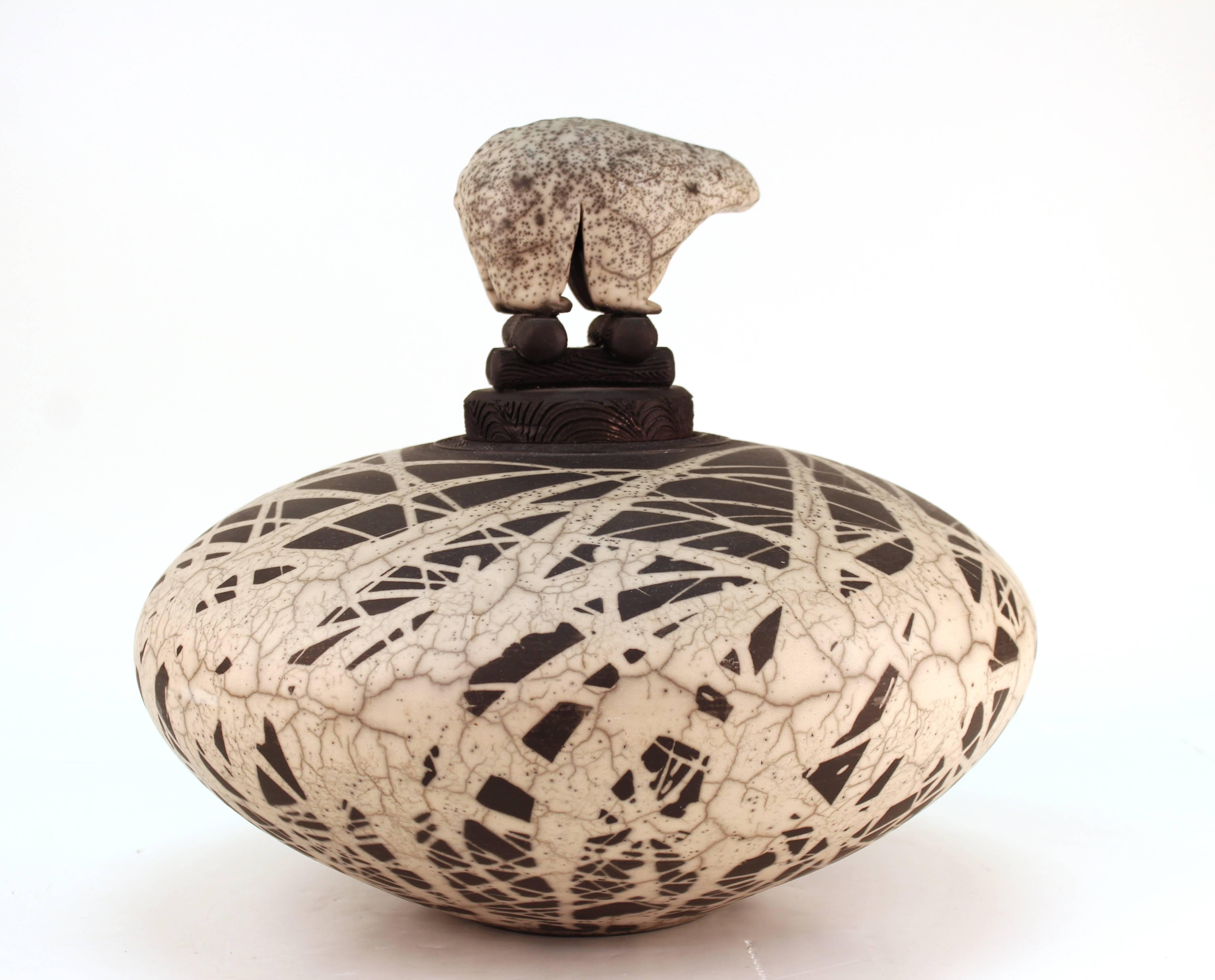 Modern Jacobson Ceramic Raku Vessel with Sculptural Lid