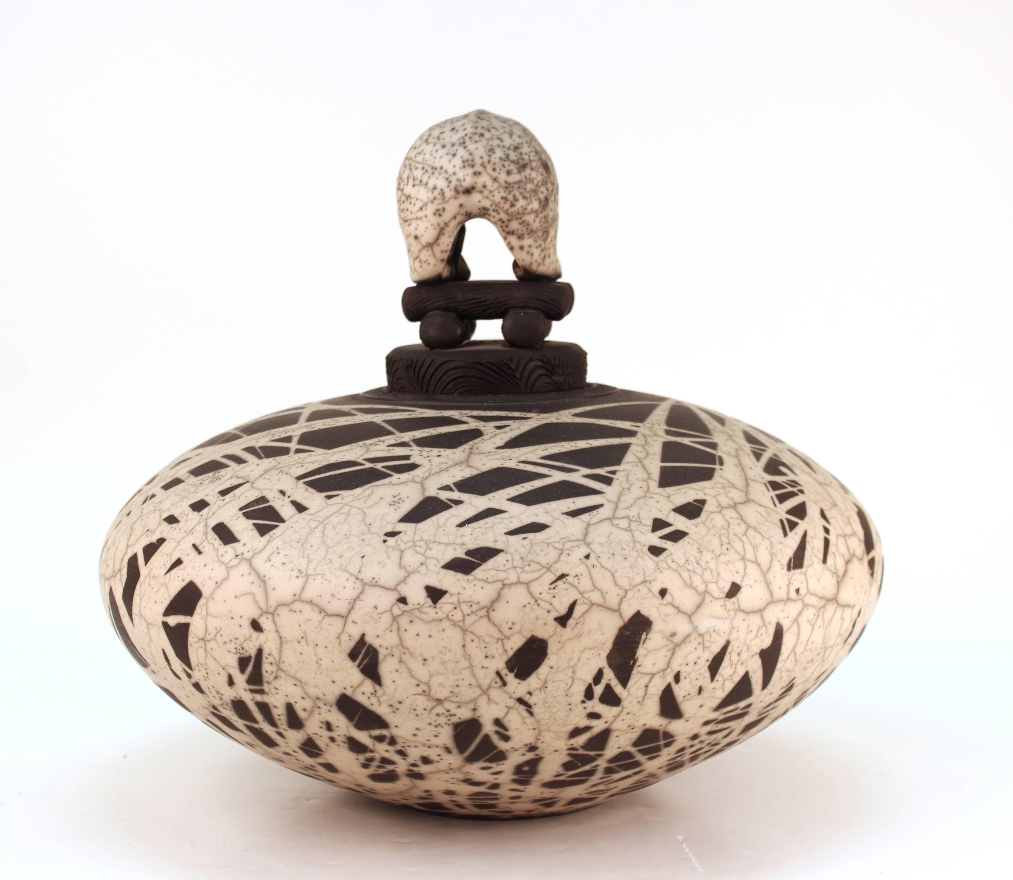 American Jacobson Ceramic Raku Vessel with Sculptural Lid