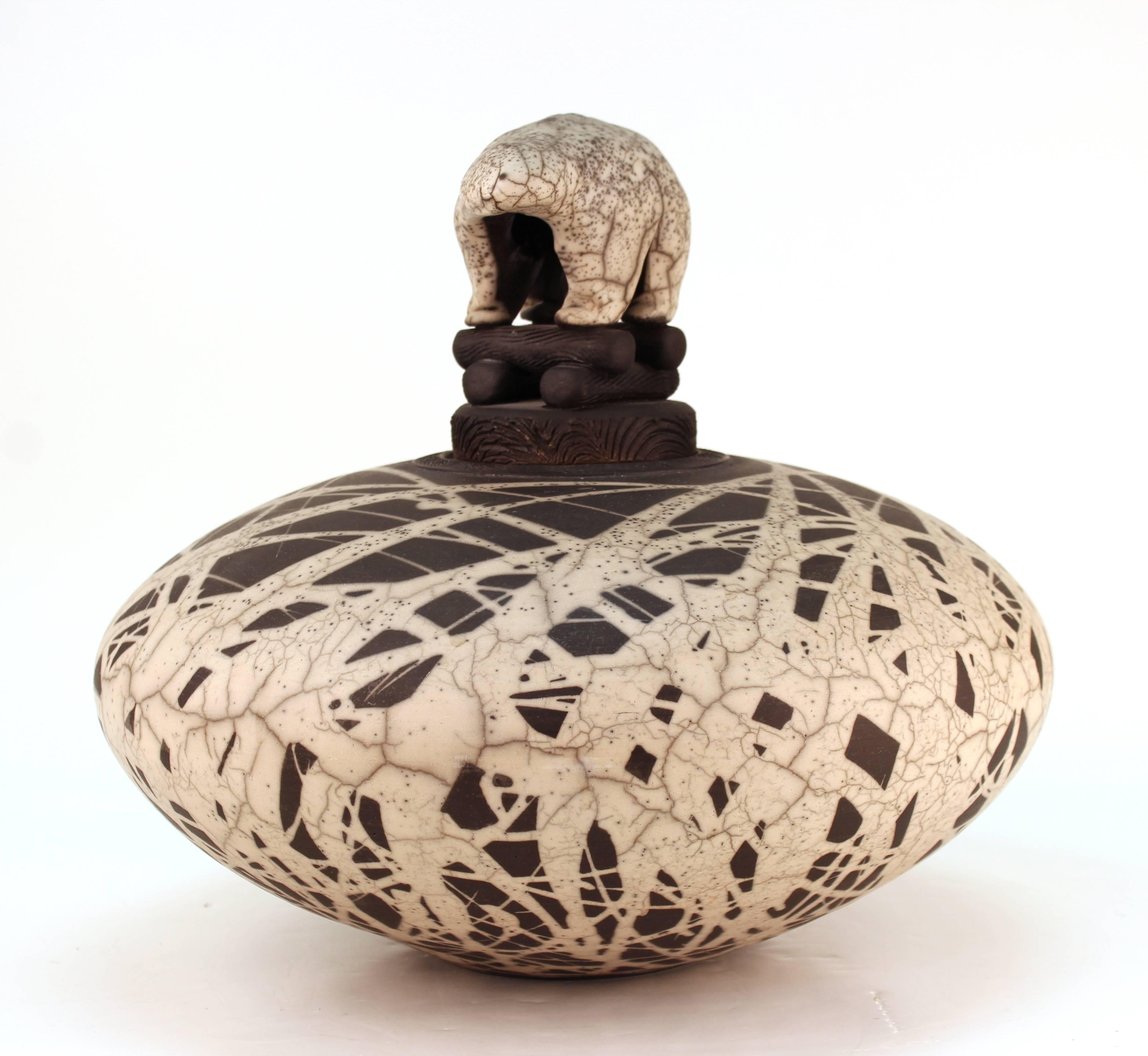 Jacobson Ceramic Raku Vessel with Sculptural Lid In Good Condition In New York, NY