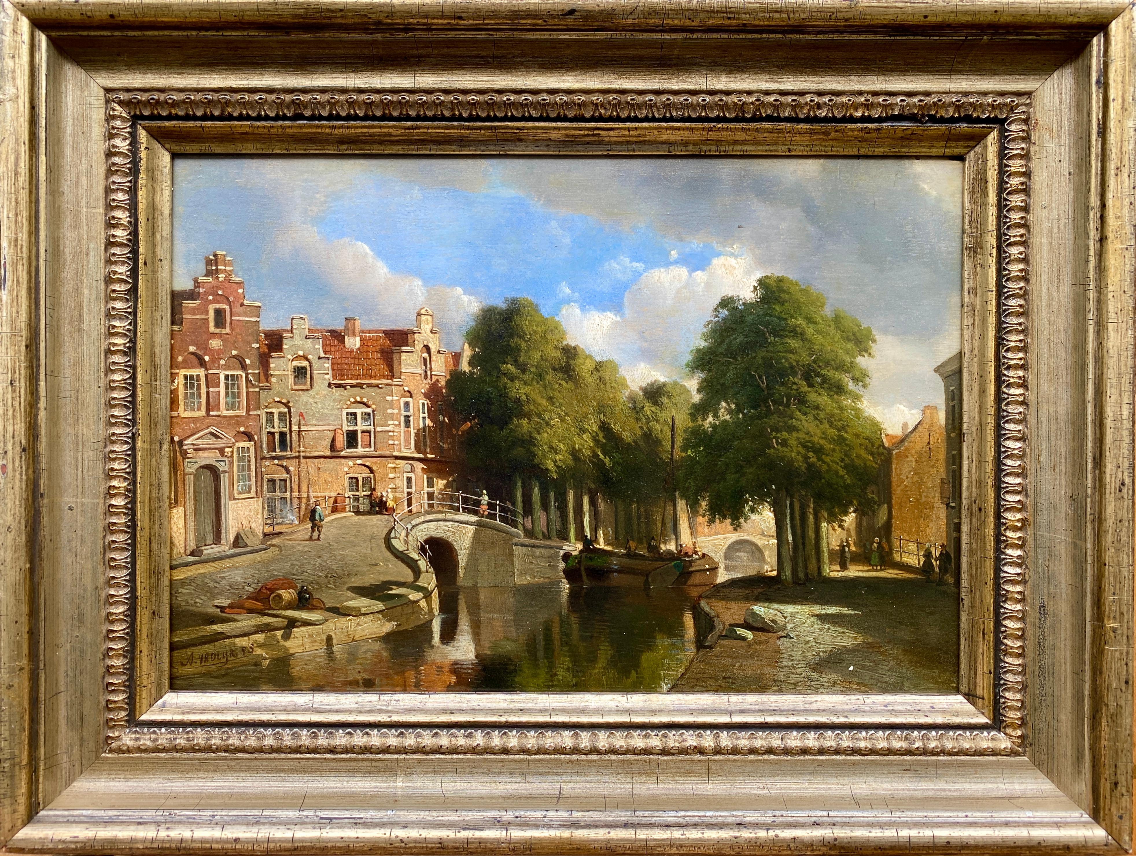 Jacobus Adrianus Vrolijk Landscape Painting - A Dutch Town View, Vrolijk Jacobus Adrianus, The Hague 1834 - 1862, Dutch Painter