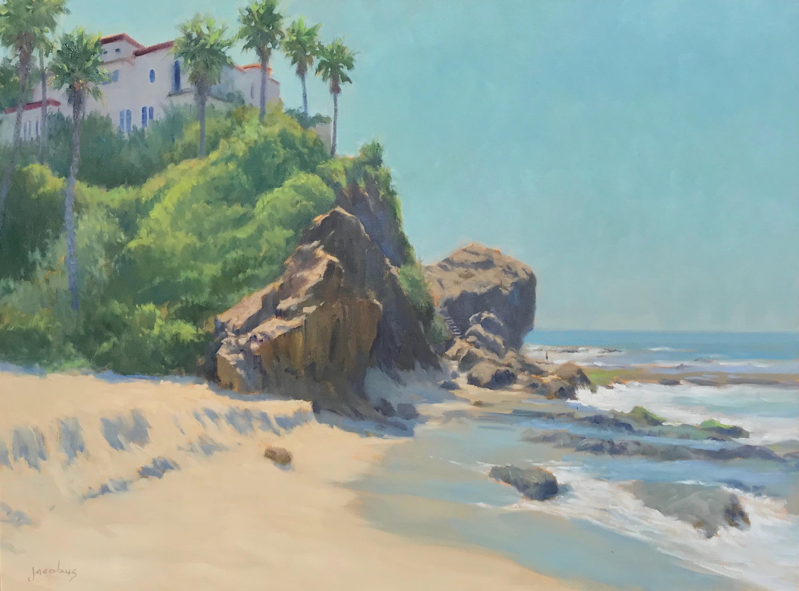 Un óleo atmosférico pintado sobre a partir de un estudio creado in situ en Laguna Beach,  California por el célebre artista californiano Jacobus Baas, 