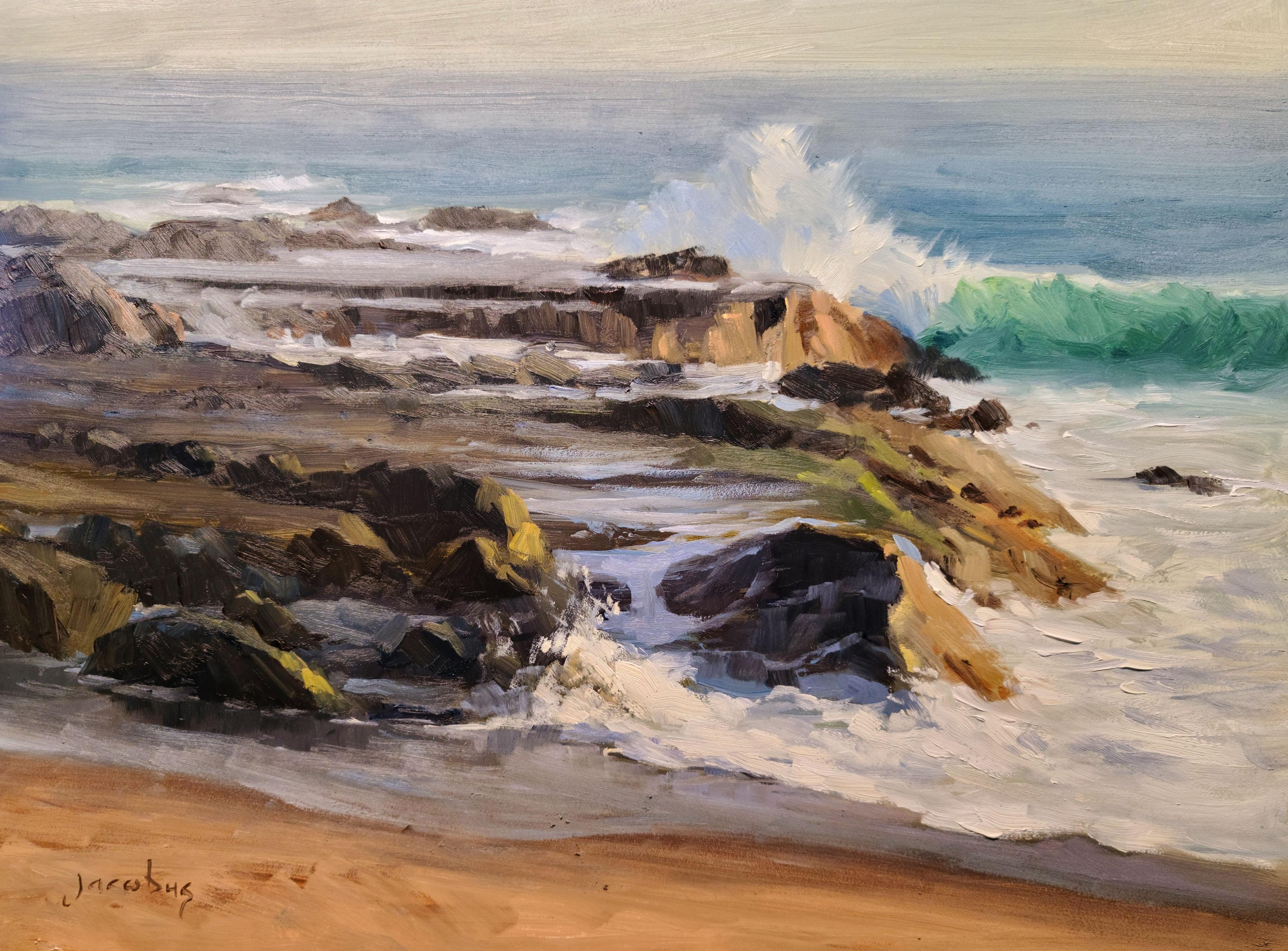 Jacobus Baas Landscape Painting - "Breaking Waves, Aliso Beach" Southern California Coastal Scene