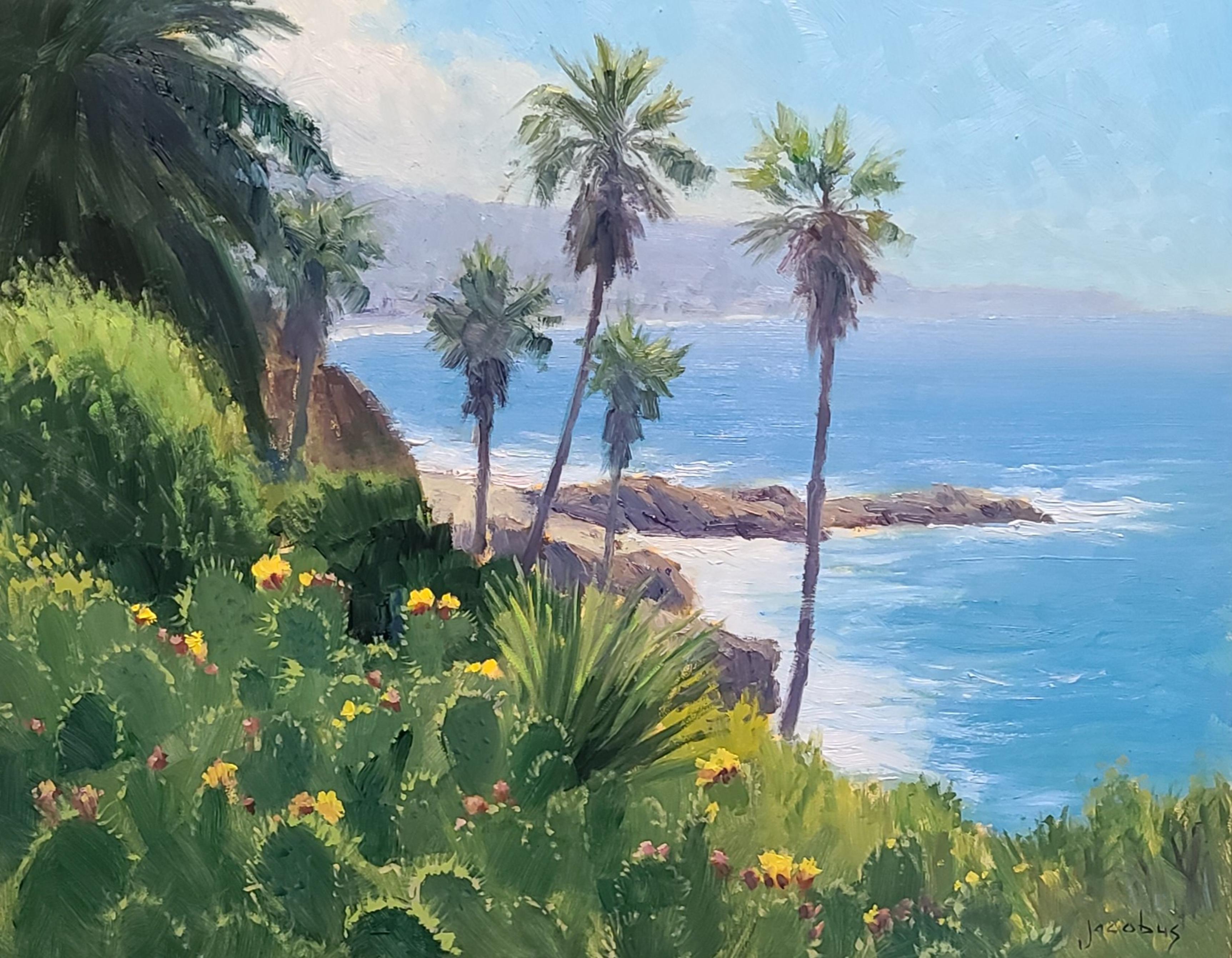 Jacobus Baas Landscape Painting - "Cactus In Bloom, Heisler Park" Southern California Coastal Scene