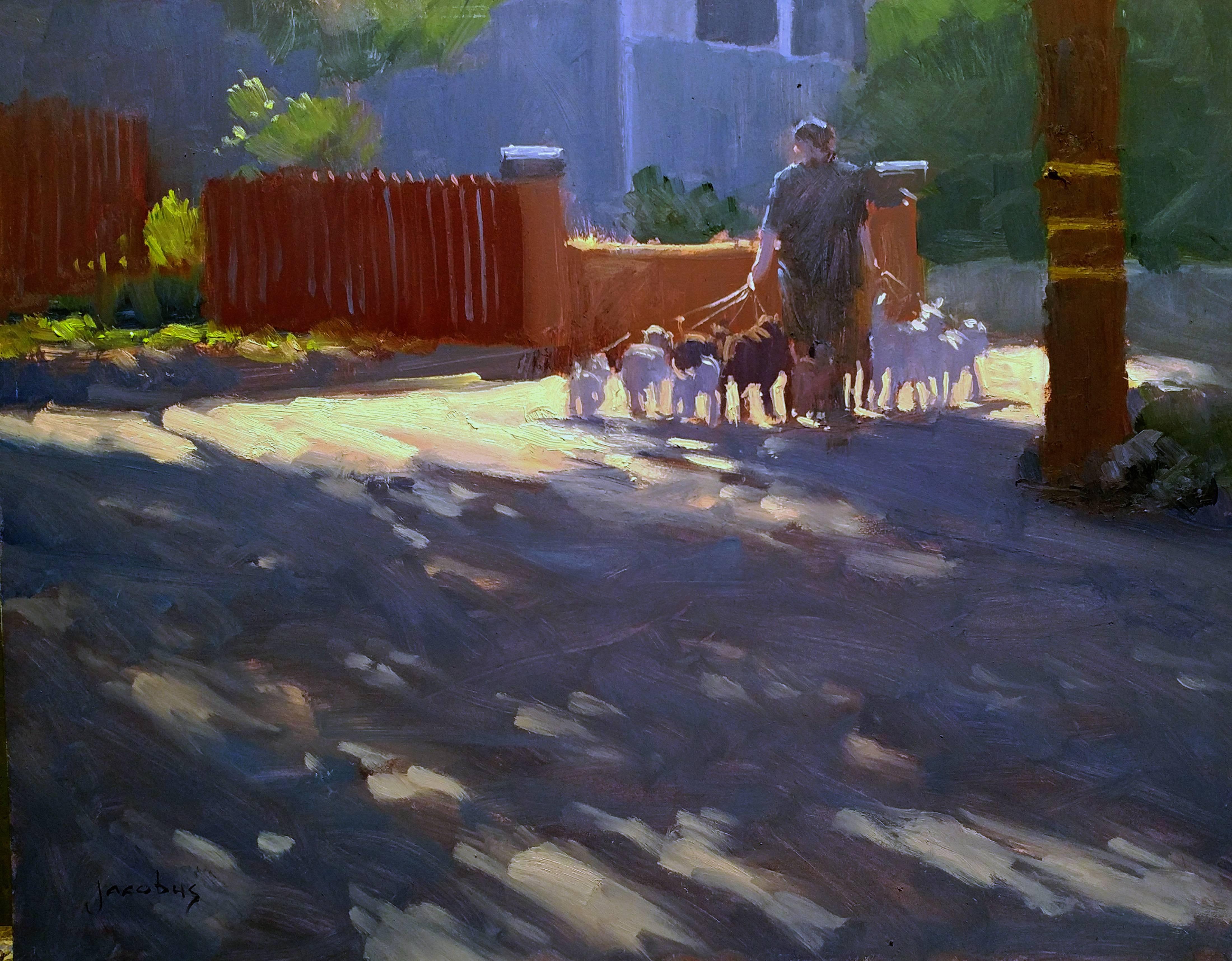 "Dog Walker" is an atmospheric oil painted on location in Laguna Beach by noted California artist Jacobus Baas. This plein air painting exhibits the subtle touch and beautiful light that the artist is known for.  Capturing the clarity of the coastal