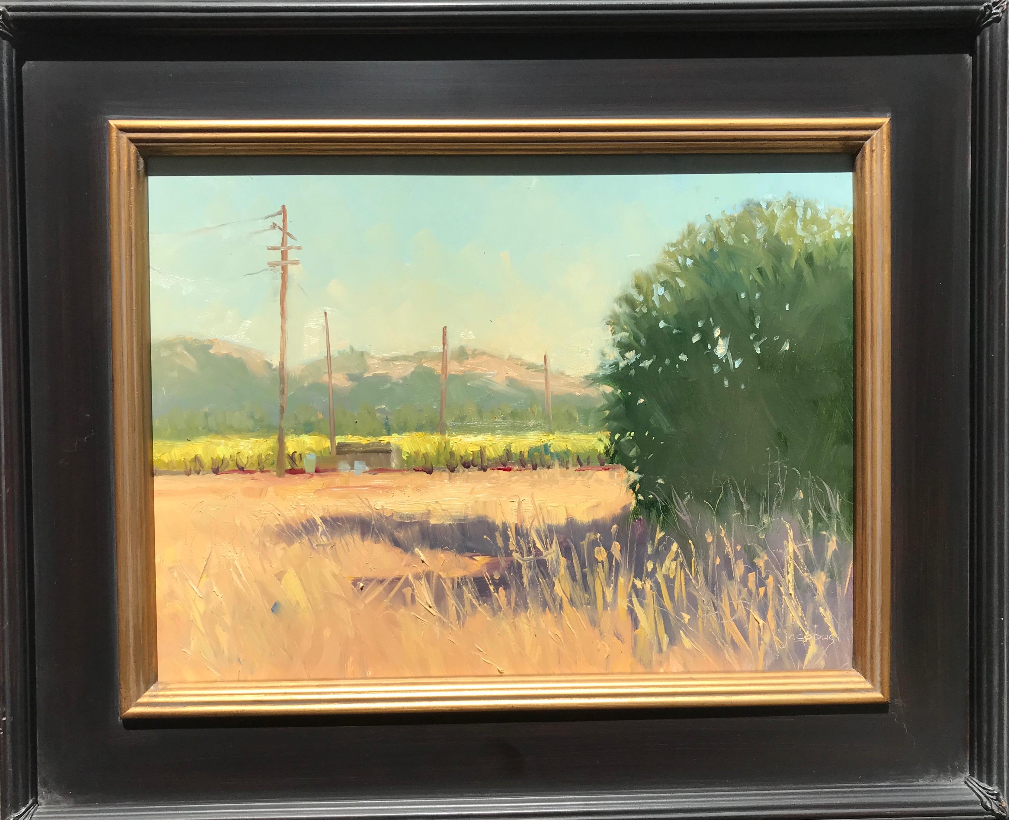 An atmospheric oil painted on location in Healdsburg,  California by noted California artist Jacobus Baas, 