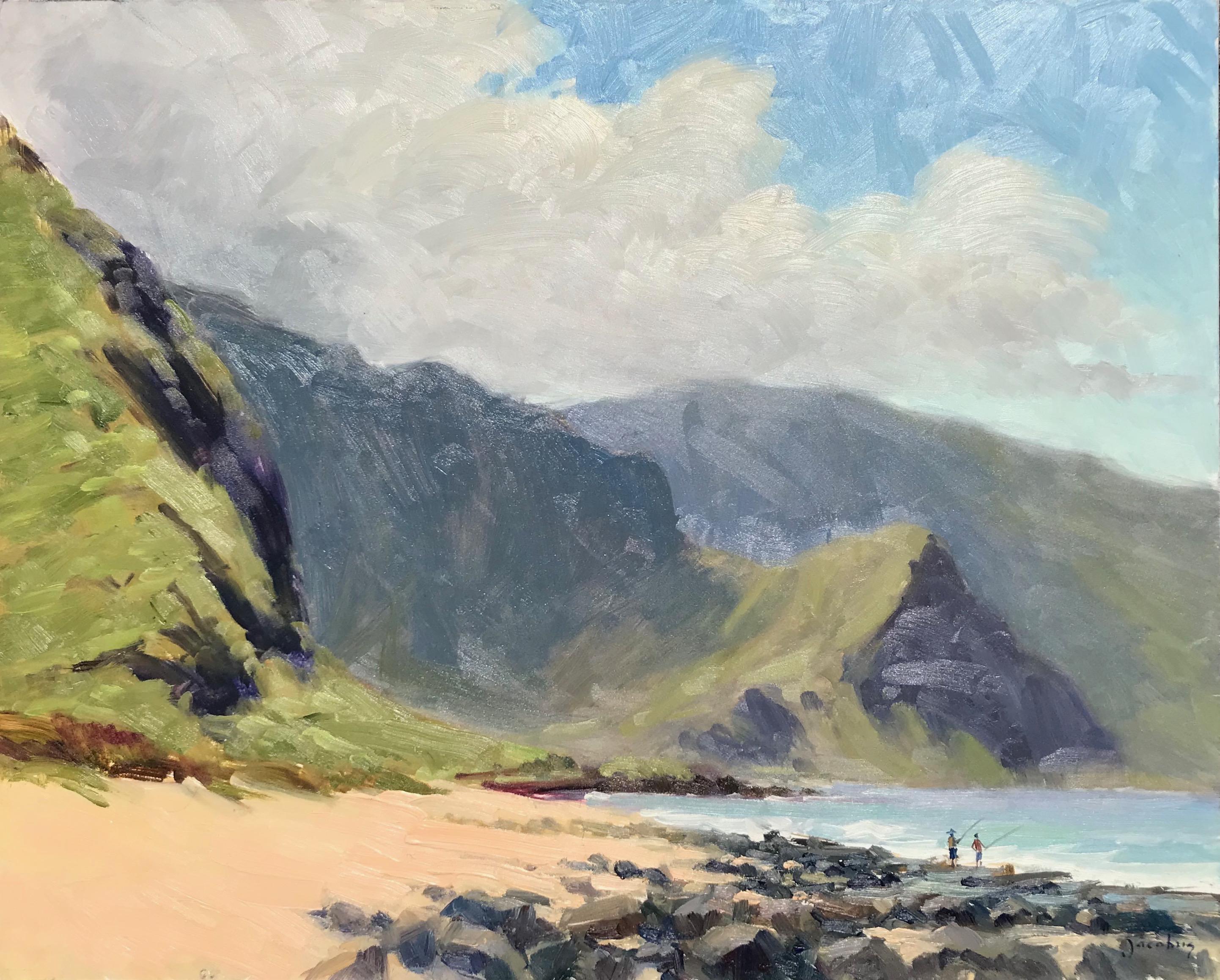 Jacobus Baas Landscape Painting - "Fishing At Kaena Point"  Hawaii Plein Air Painting 