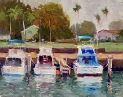 ""Fabriqués bateaux, Haliewa Harbor"  Peinture à l'huile hawaïenne en plein air de Jacobus Baas