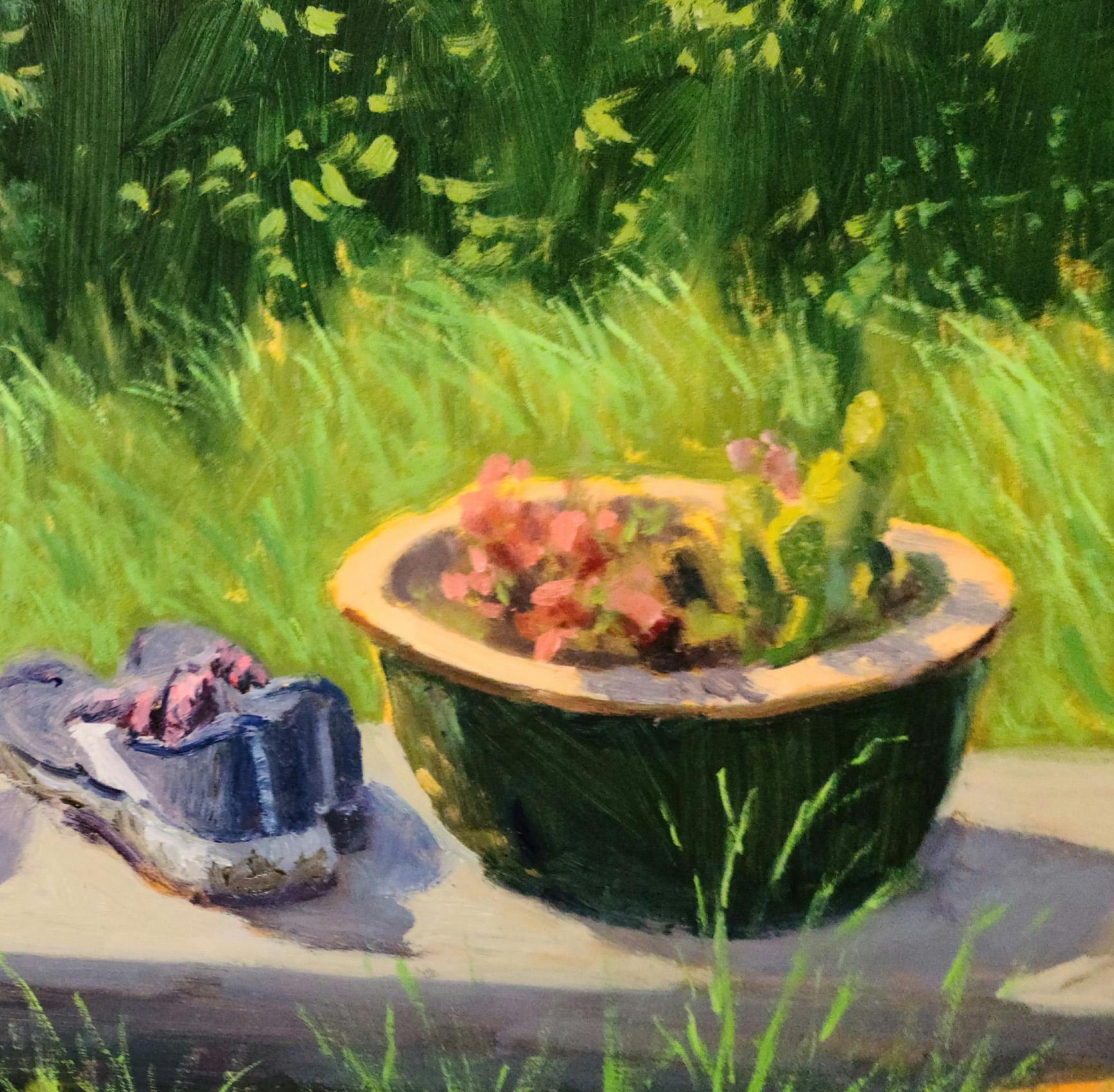 « Boîte d'eau de jardin »  Peinture en plein air de Californie avec des verts, des rehauts rouges - Impressionnisme Painting par Jacobus Baas