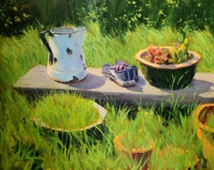 "Garden Watering Can"  California Plein Air Painting With Greens, Red Highlights