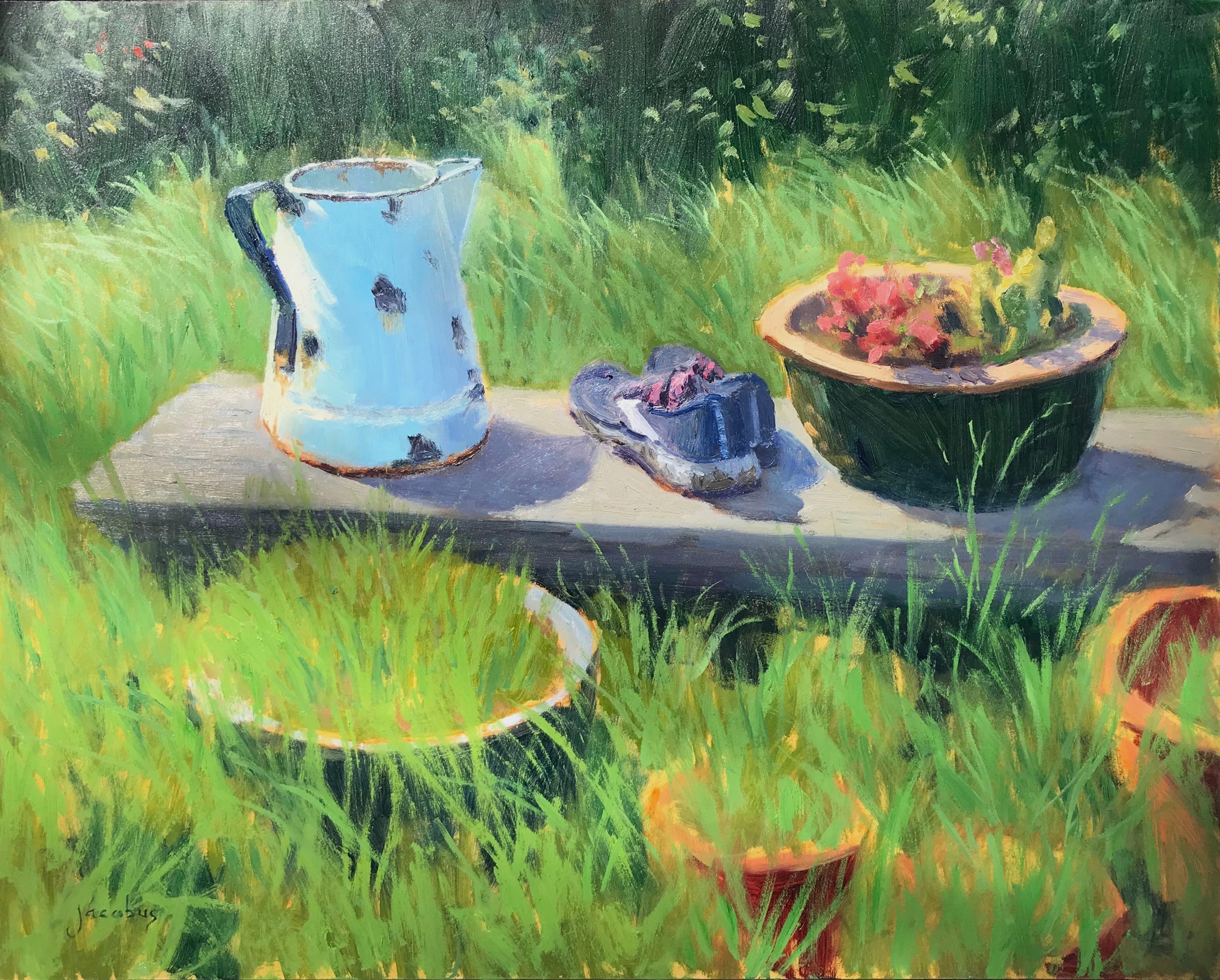 Jacobus Baas Landscape Painting - "Garden Watering Can"  California Plein Air Painting With Greens, Red Highlights