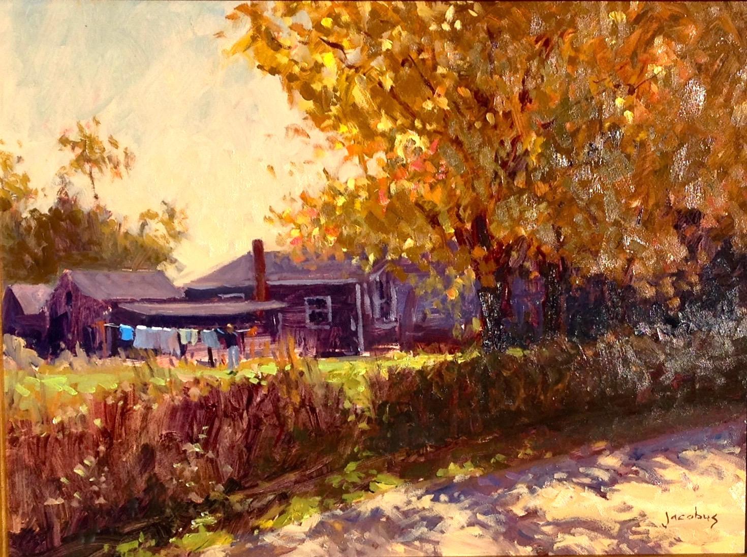 Jacobus Baas Landscape Painting - "Hangin Out To Dry" Sunny Maine Fall Scene