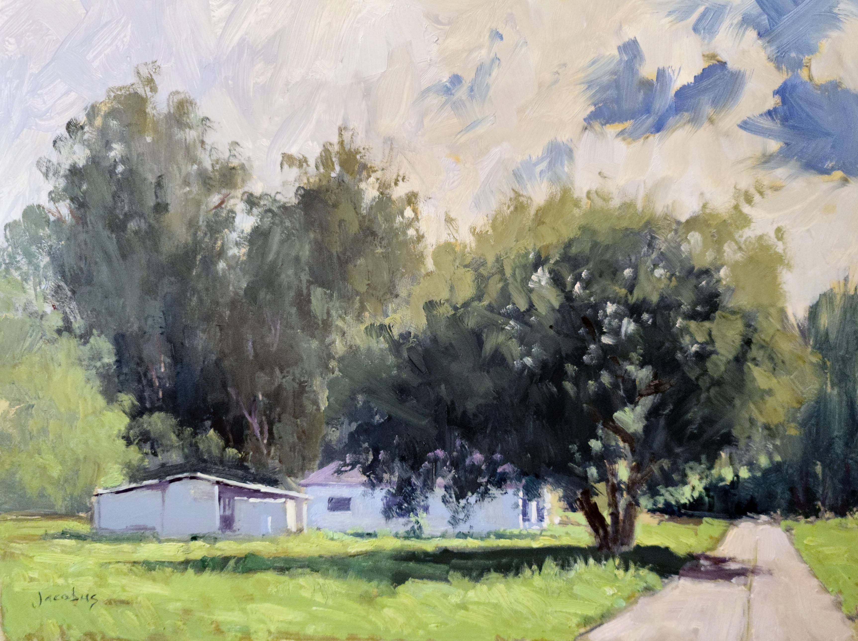 Jacobus Baas Landscape Painting - "La Salle Farm House" California Plein Air Painting with Green, Blues and White