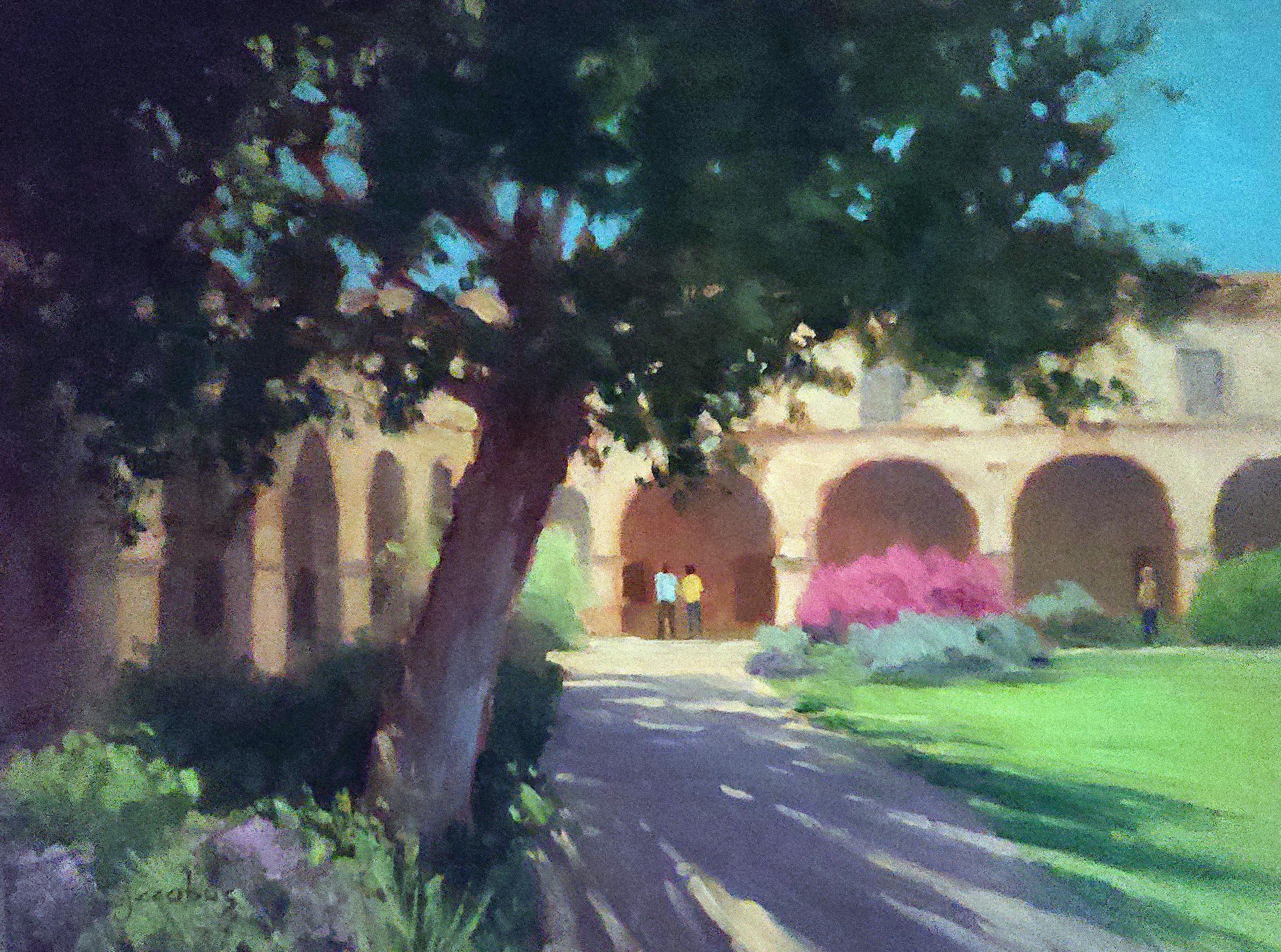 Jacobus Baas Landscape Painting - "Mid-Day Shadows" San Juan Capistrano California Mission Plein Air Painting